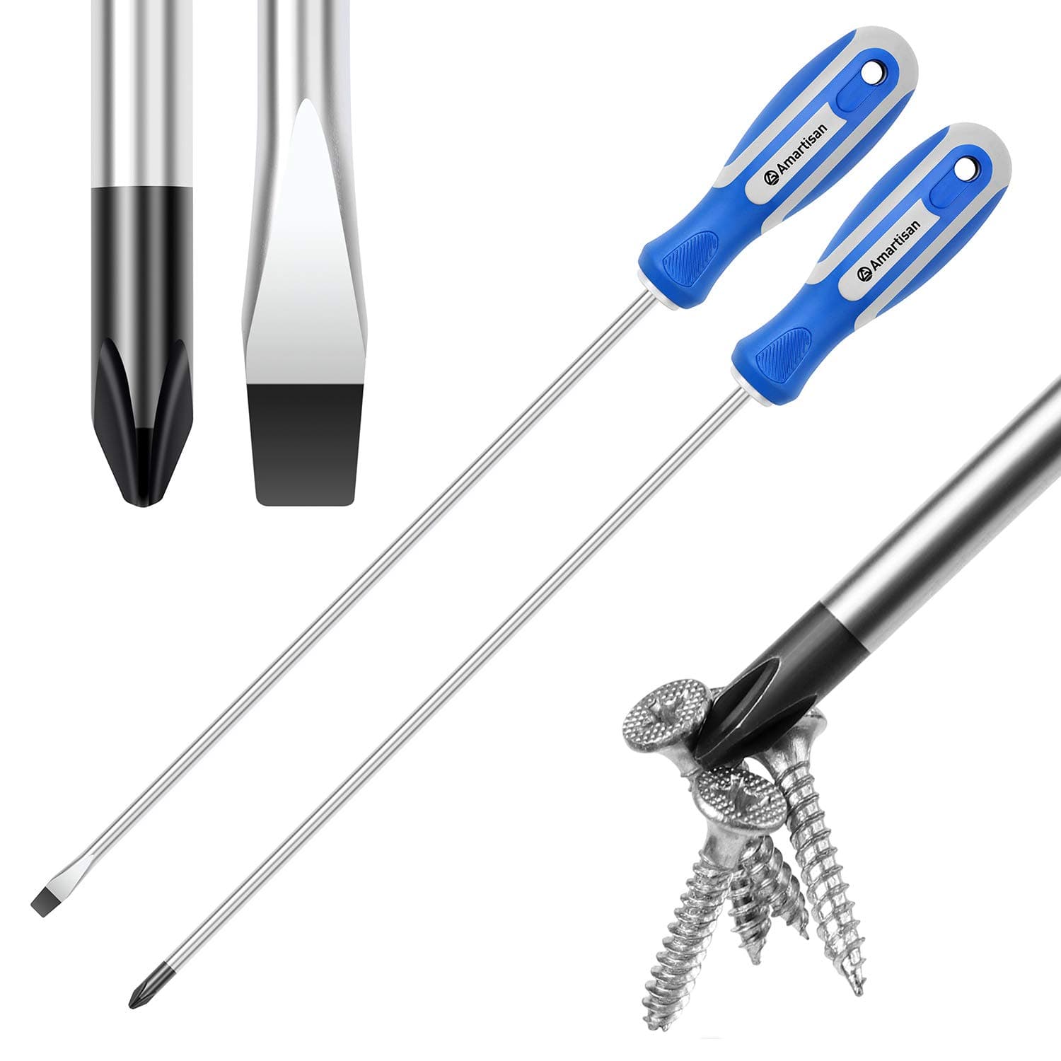 2-Piece 12'' long Screwdriver Set, Long Blade Screwdriver Set 12-Inch Magnetic Screwdriver, Phillips & Slotted Bits .（NEW）