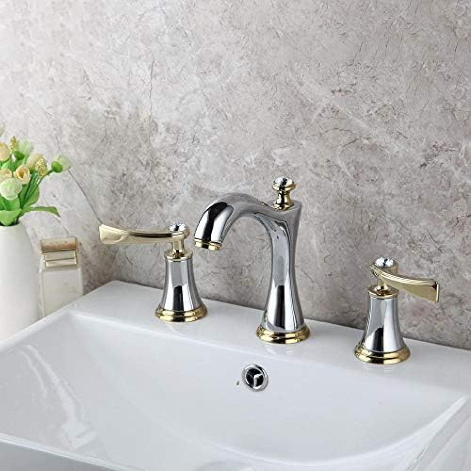 Brass Bathroom 3 Pcs Faucet Set Deck Mounted Stream Chrome 2 Handles Diamond Bathroom Bathtub Basin Sink Mixer Tap