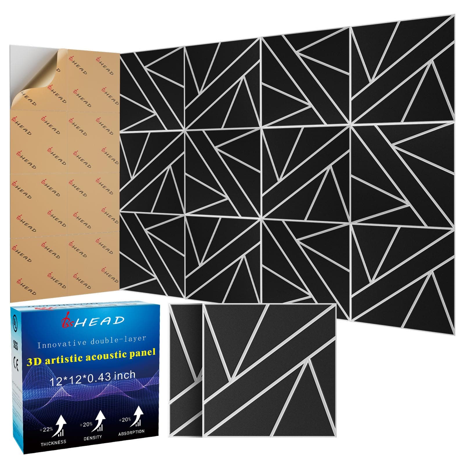 8 Pack 2-Layer Soundproof Wall Panels, 12 x 12 x 0.43 in Sound Proof FoamPanels for Walls, 1.2lb/ft* High Density, Thicker 0.43 in, 3D AcousticPanels,Artistic Noise Dampening Panels Black&White