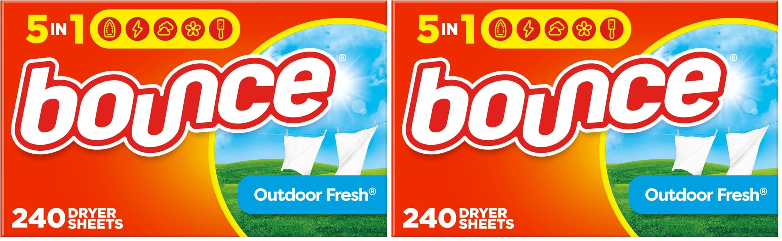 Bounce Dryer Sheets, Outdoor Fresh, 480 Count | Static Control | Wrinkle Fighters | 2 Packs of 240
