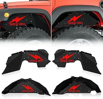 Lightning Logo Front & Rear Inner Fender Liners Compatible with 2007-2018 Jeep Wrangler JK & JKU Unlimited Sport Sahara Rubicon, Steel Mud Guards Wheel Well Cover Fenders Flares (2/4 Doors)