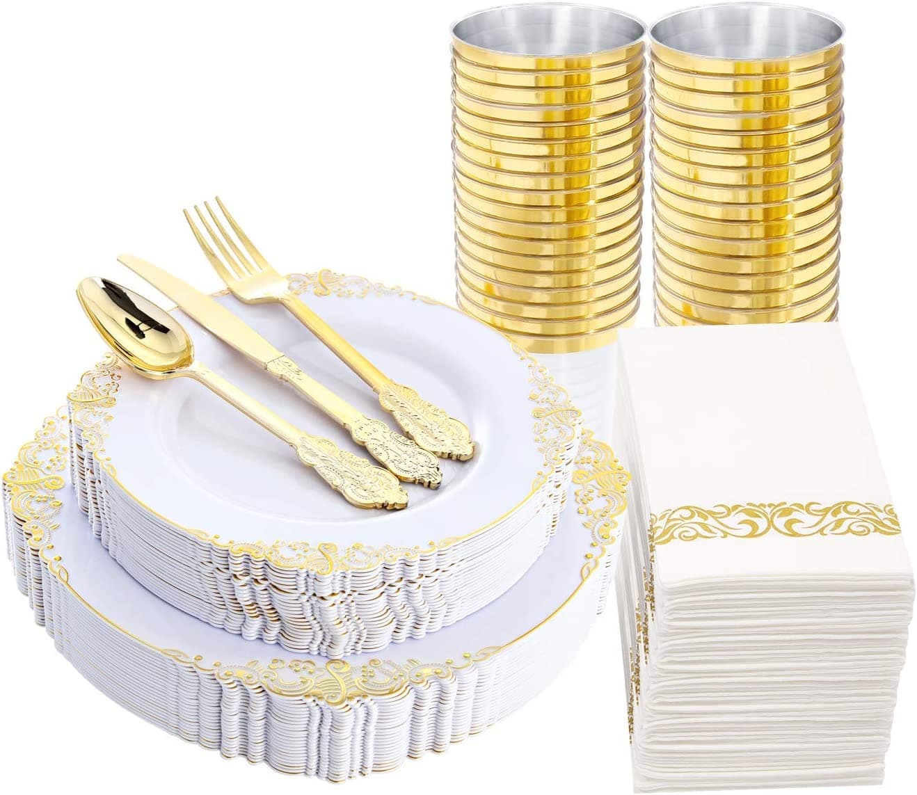LATERN175Pcs Multi-Use White and Gold Plastic Dinnerware Set, 25 Resuable Dinner Plates, 25 Salad Plates, 25 Knives, 25 Mini Forks, 25 Spoons, 25 Cups, 25 Napkins for Wedding Anniversary Garden Party