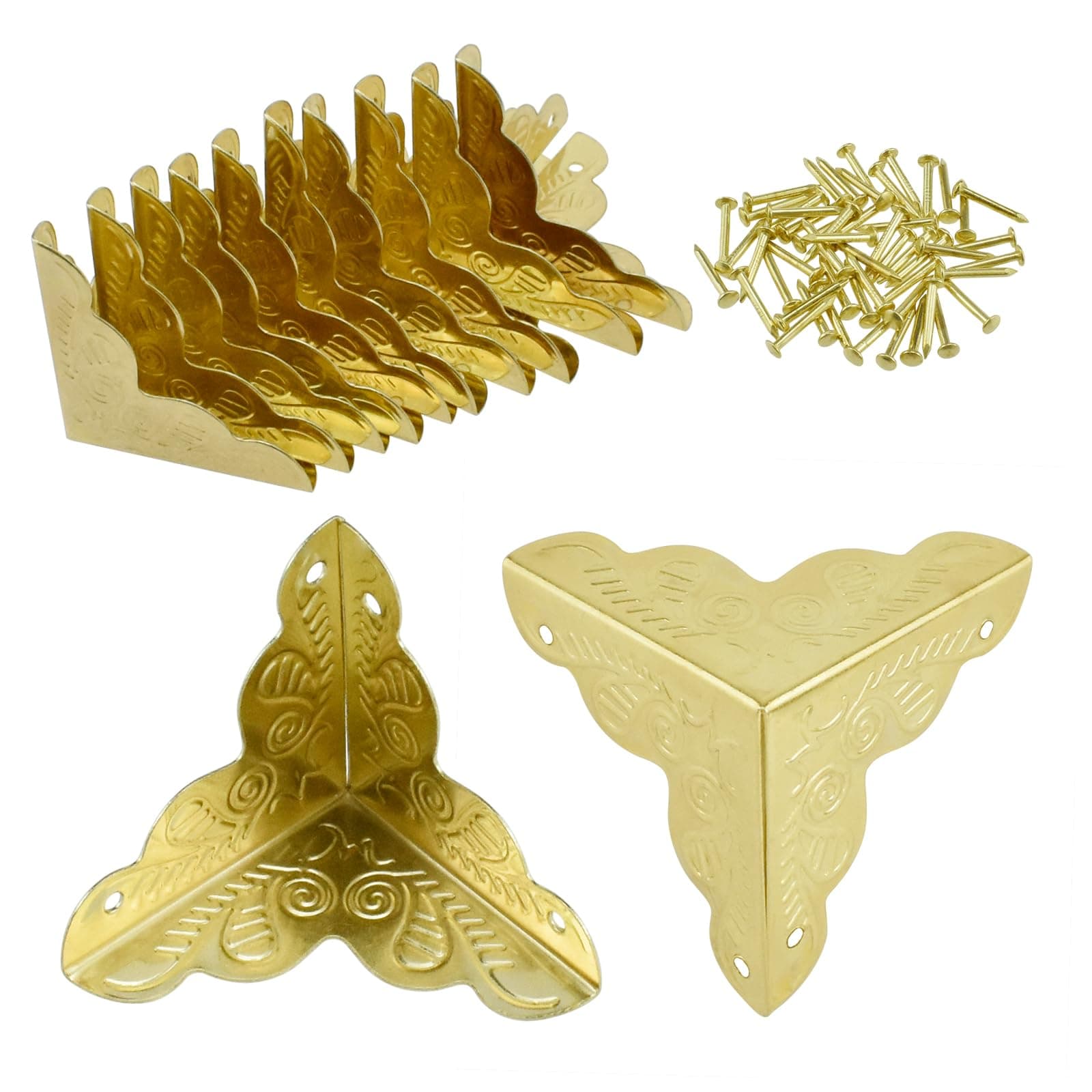 12 Pack Furniture Corner Protector 1" x 1" Antique Gold Triangle Edge Decorative Metal Corner Guard for Storage Box Jewelry Case Cabinet Coffee Table Wooden Chest etc.
