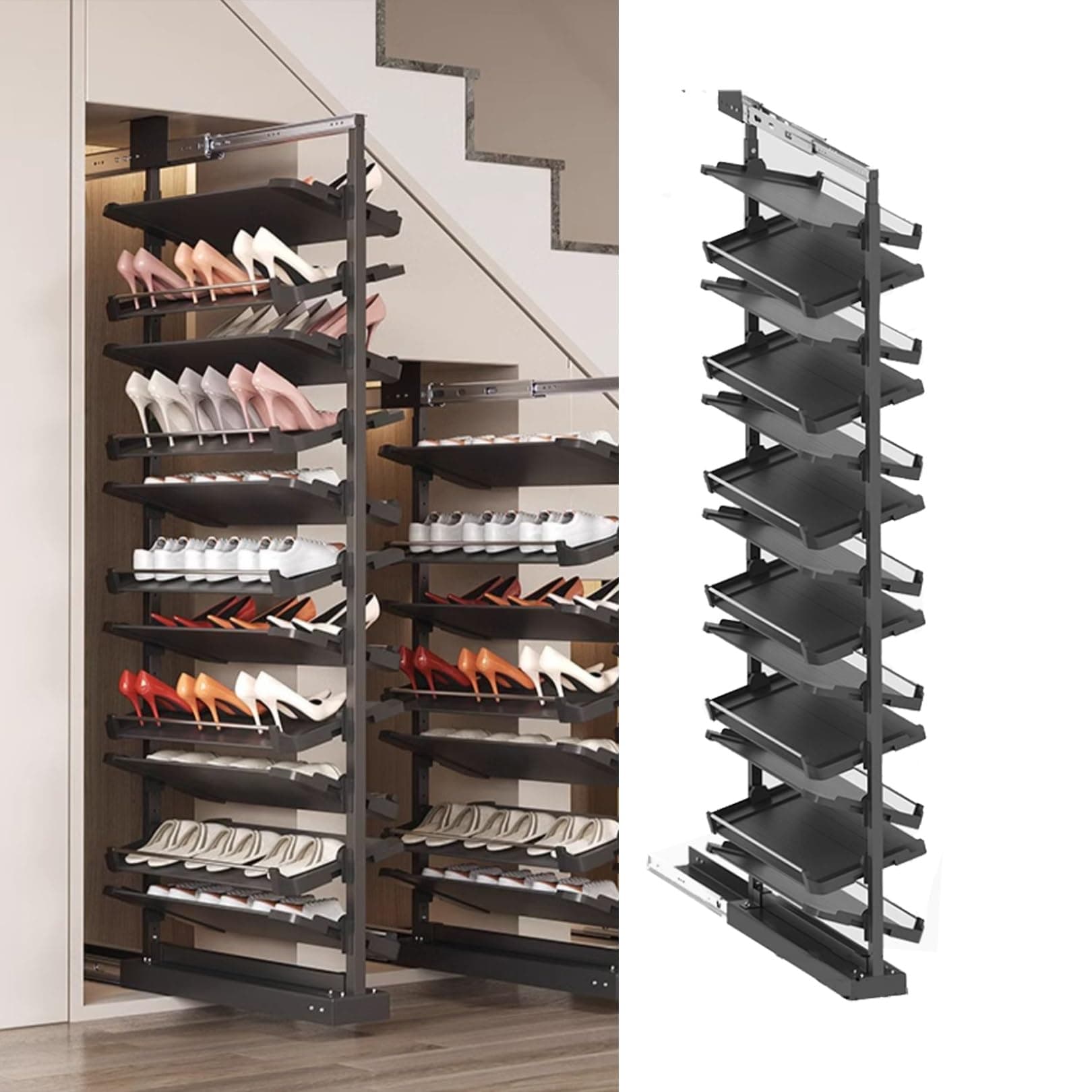 Pull-Out Shoe Rack Organizer for Closet Shoe Cabinet,Adjustable Height Retractable Metal Stackable Shoe Rack, Vertical Shelf Organizer for Small Bedroom Closet, Space Saving Storage, Black(50cm,13 Tie