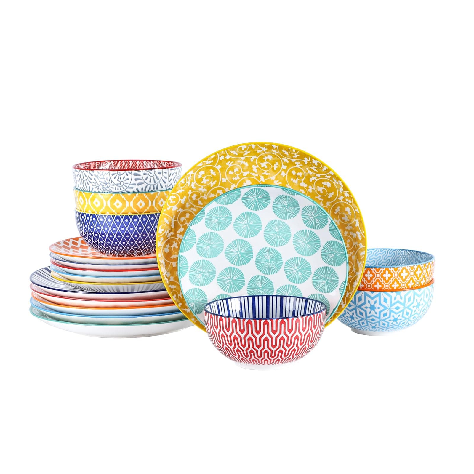 SelamicaCeramic Dinnerware Sets for 6, 18 Pieces Plates and Bowls Set, Scratch Resistant Dishes Set, Dishwasher&Microwave Safe, Assorted Colors