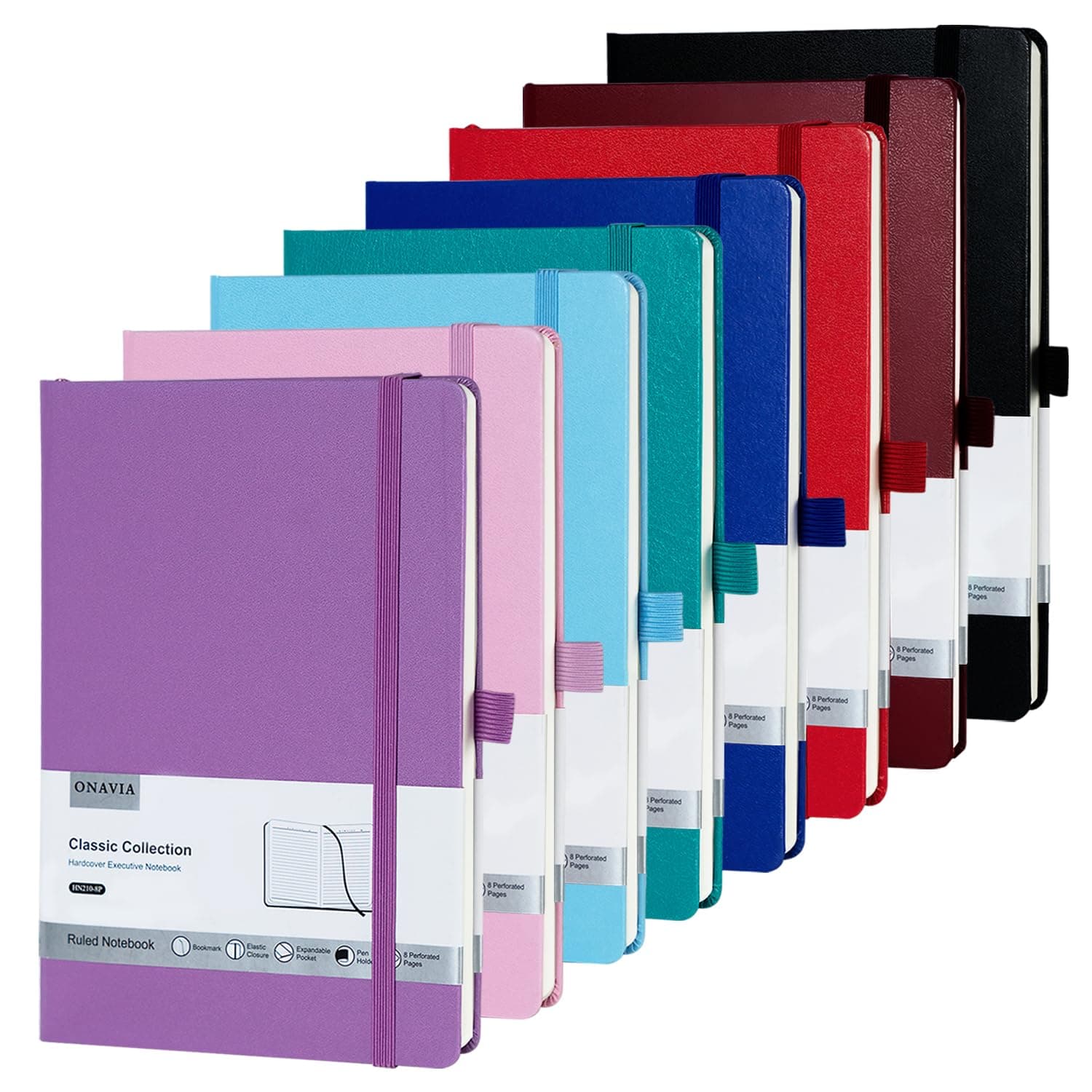 Notebook A5 Hardback Lined Journal Notepad Multipack, Classic College Ruled Notebooks for Work, Travel, NoteTaking, Diary and College with Pen Loop - 160 Pages, 8 Pack(Multi-Color)