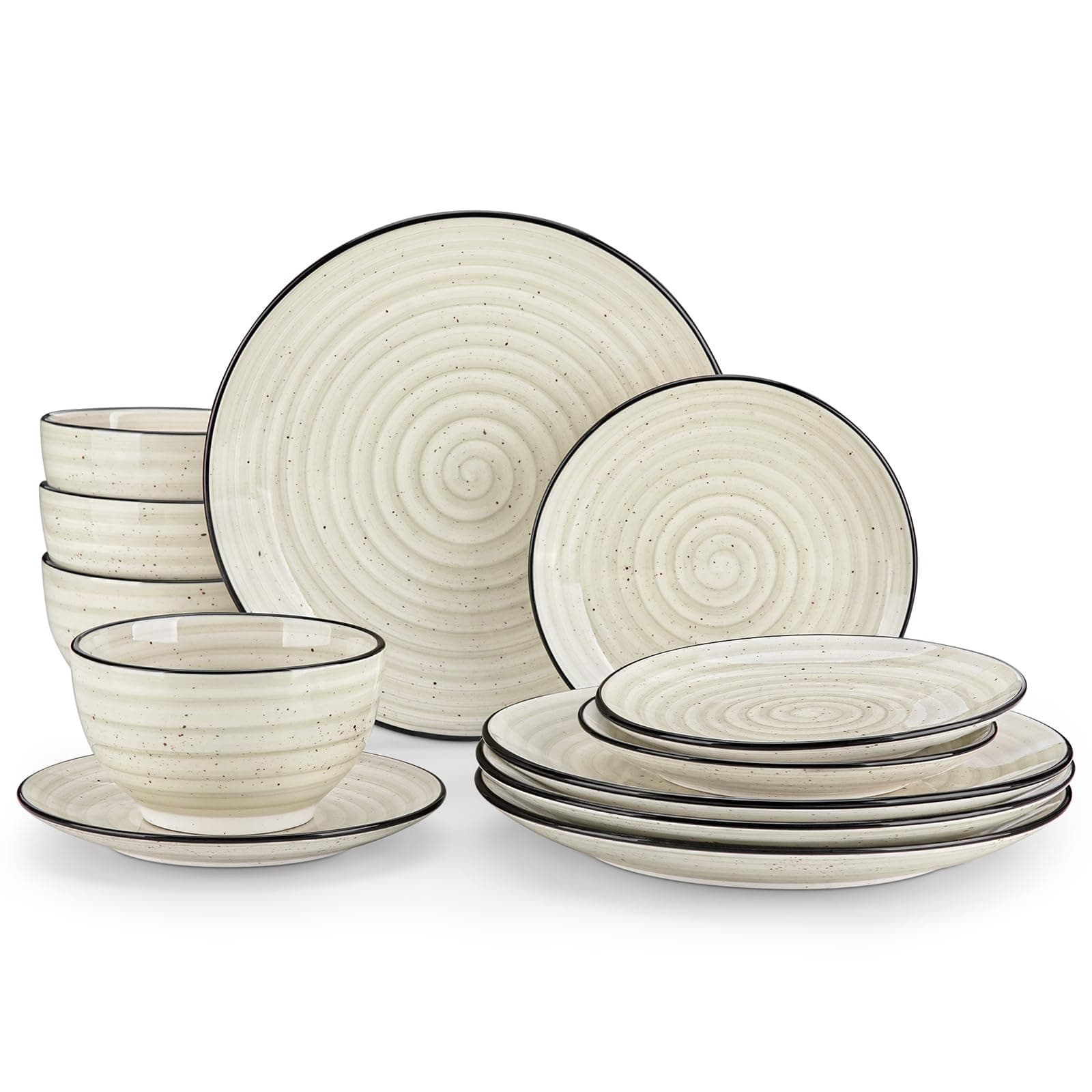vancassoBonbon Dinner Set, 12-Pieces Dinner Set for 4, Double-Sided Handpainted Swirls Plates and Bowls Set, Include Dinner Plates, Dessert Plates and Cereal Bowl, Beige