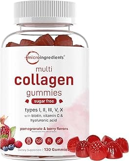 Micro Ingredients Multi Collagen Peptides, 120 Collagen Gummies | Type I,II,III,V,X Protein with Biotin, Hyaluronic Acid, & Vitamin C Complex | Pomegranate & Berry Flavored | Sugar Free, Non-GMO