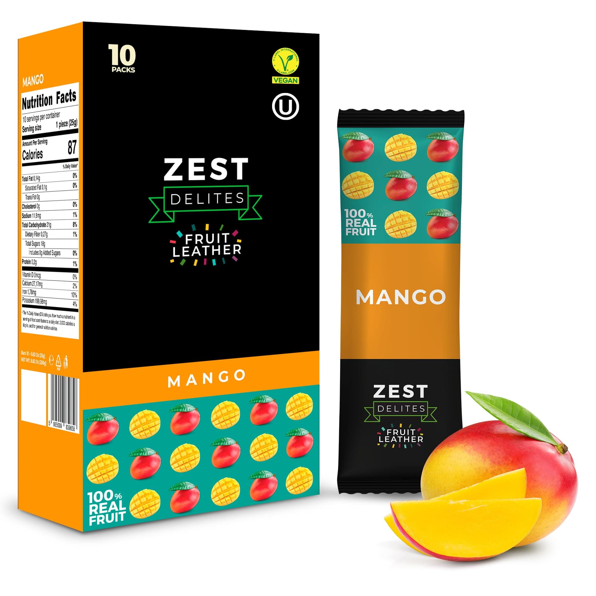 Fruit Snacks by Zest Delites, Fruit Leather, Dried Mango Bars, Healthy Snacks for Adults & Kids, No Sugar Added, Apple-Based Mango Strips, 0.88 oz x 10