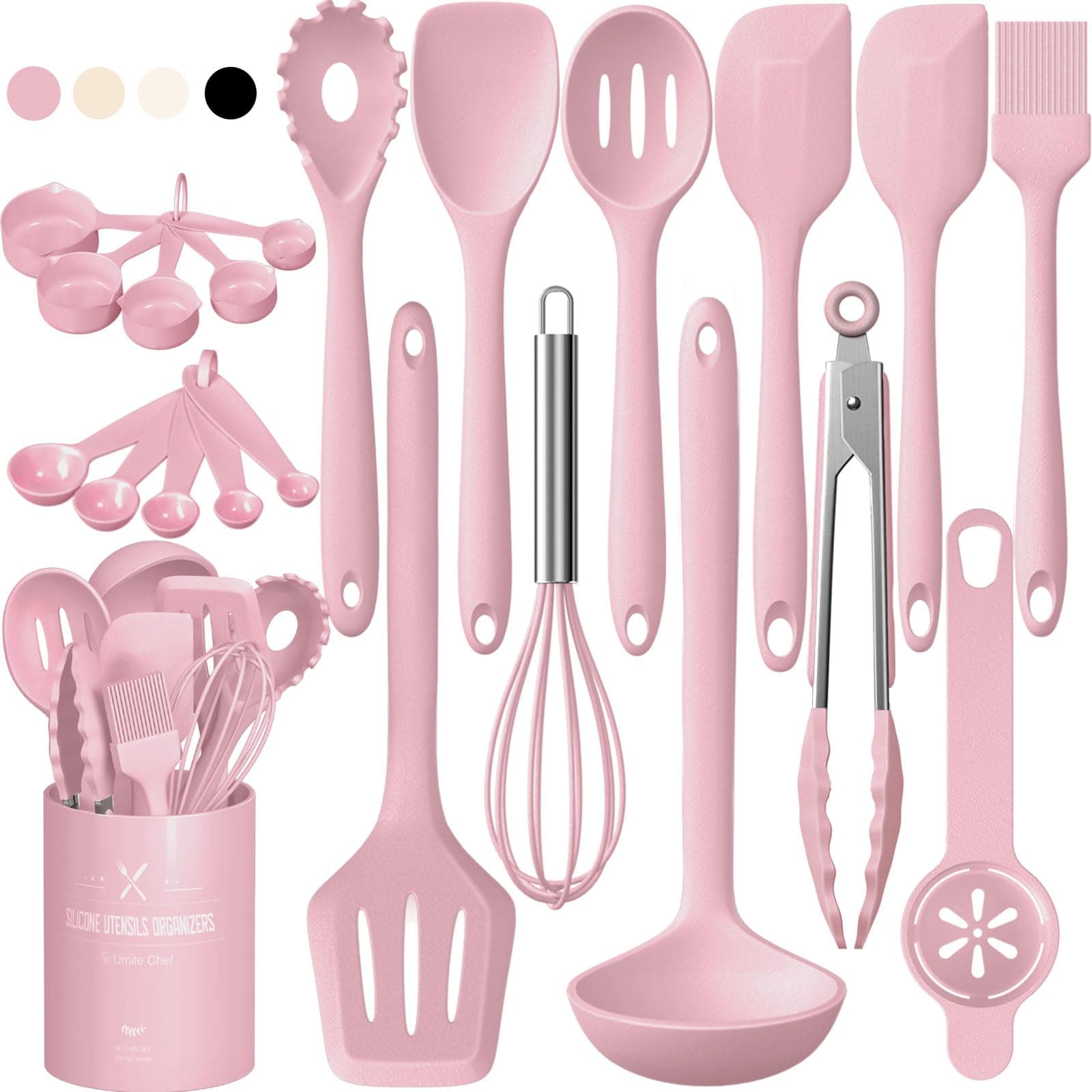 Kitchen Utensils Set, 22Pcs Silicone Cooking Utensils Set, Heat Resistance Silicone Ktchen Spatulas Set with Holder, Cooking Gadgets Tools Set for Nonstick Cookware, Dishwasher Safe(Pink)