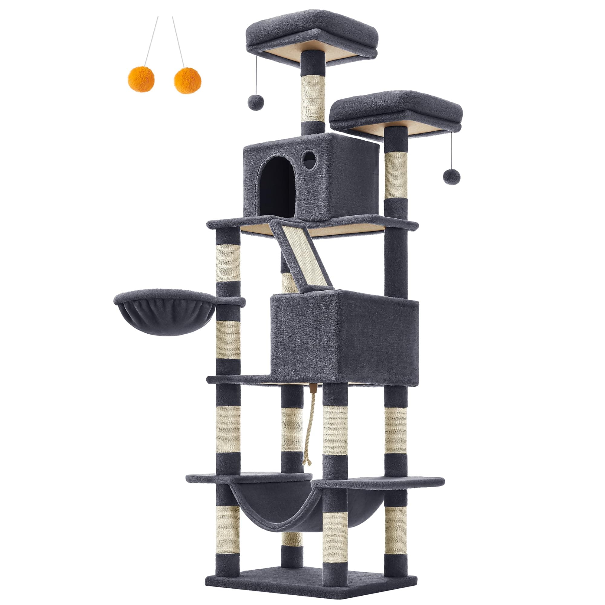 Feandrea Cat Tree, Height 206 cm, with 13 Scratching Posts, 2 Platforms, 2 Caves, Basket, Hammock, Pompom, Plush Fabric, Multi-Levels for Indoor Cats, Dark Grey PCT190G01