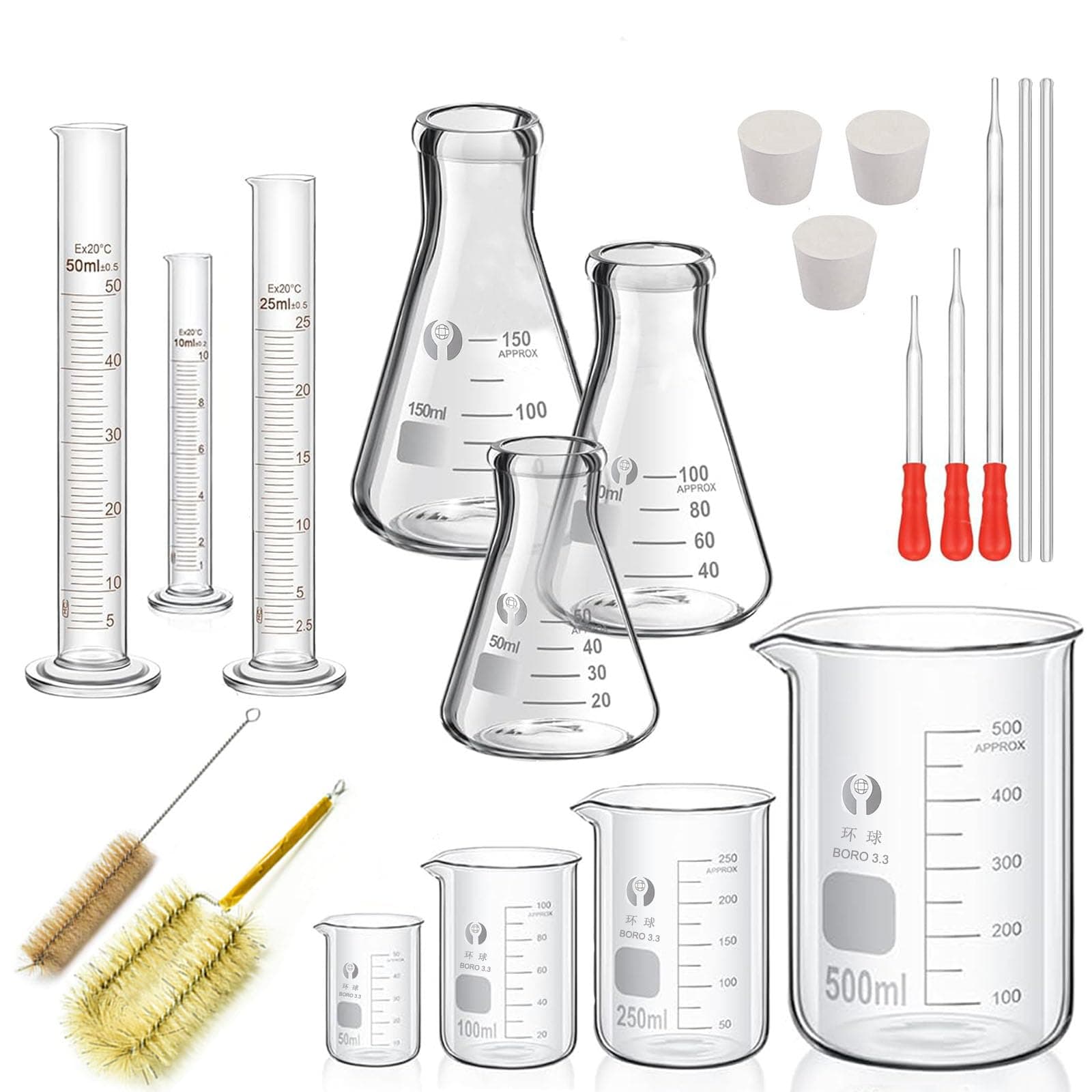 Glass Erlenmeyer Flask Set(150 ml/100 ml/50 ml), with 4pcs Graduated Beaker, 3pcs Measuring Cylinder with 3pcs Dropper, 2pcs Stirring Rod and 2pcs Washing Brush for Lab, Science Studies