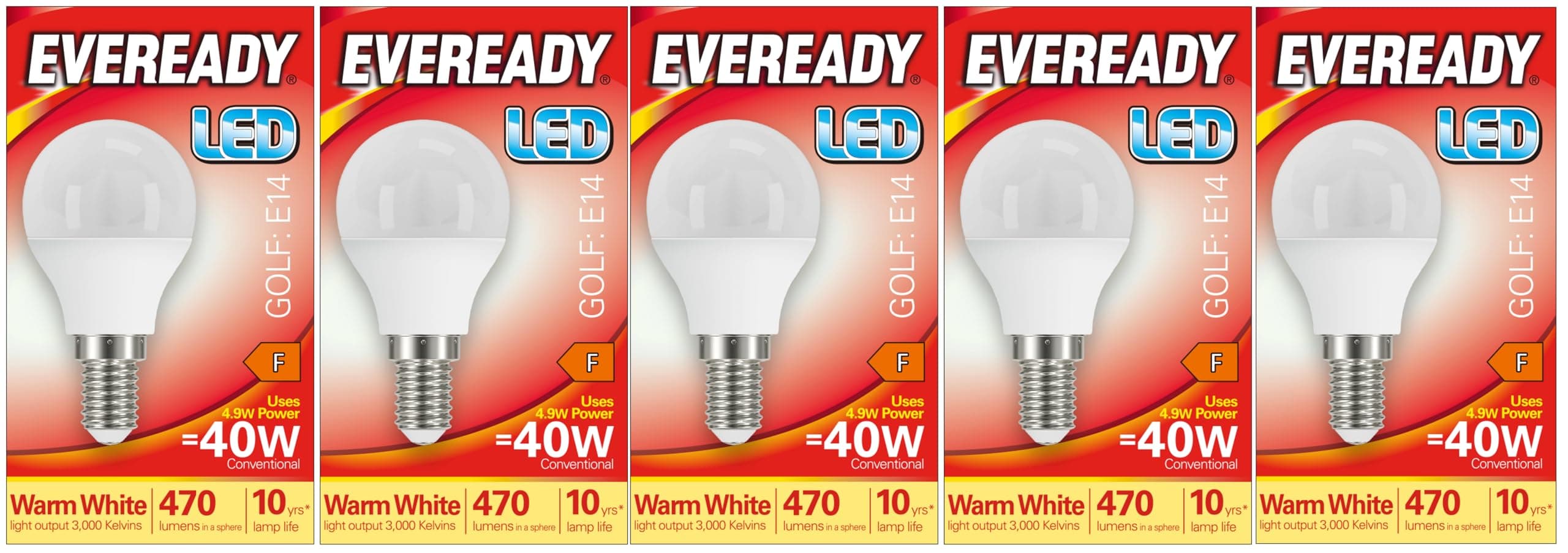 E14 Bulb LED Golf (SES) 470 lumens 4.9 Watt Warm White 3,000K. Pack of 5 Bulbs