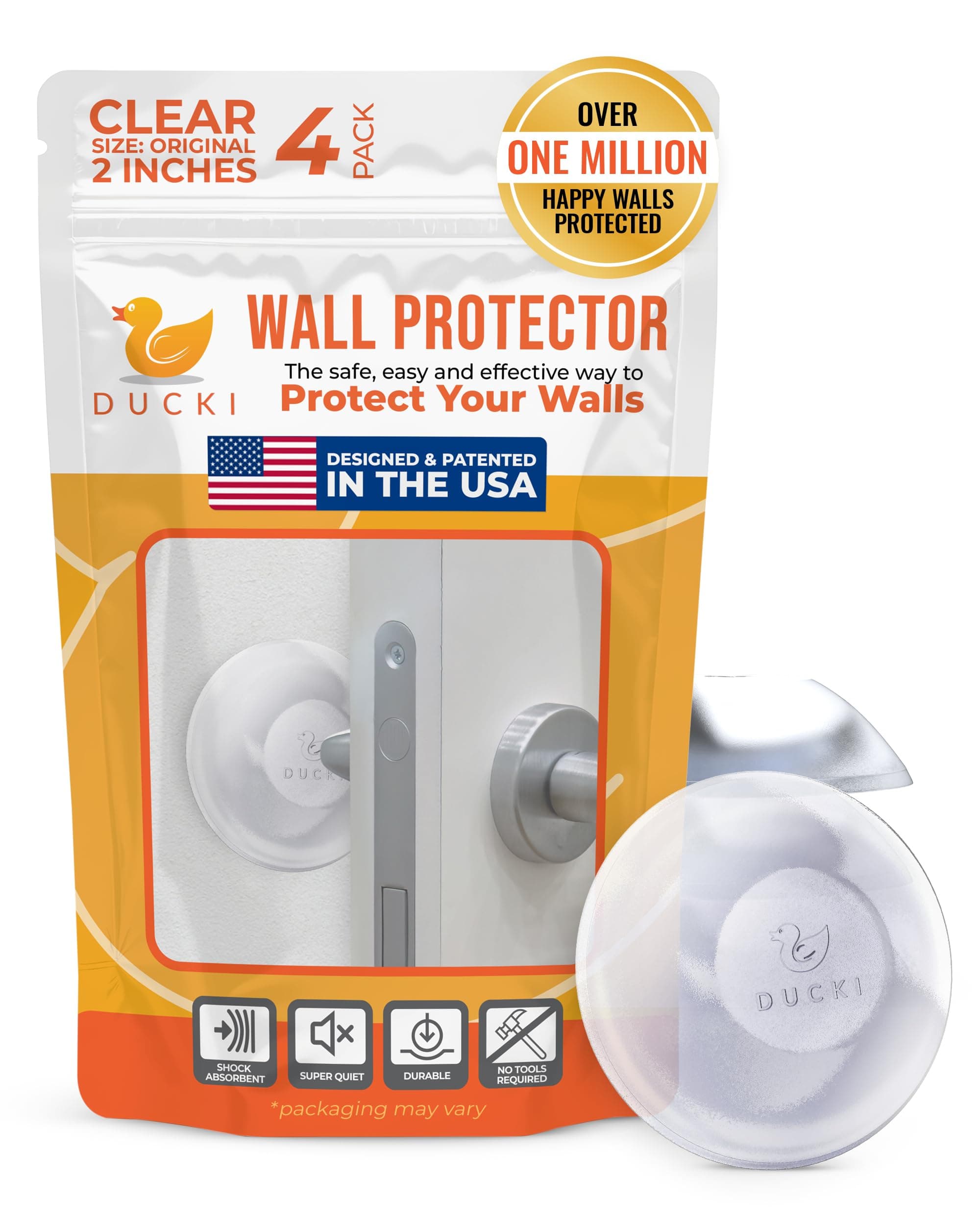 Ducki Door Wall Bumper Protector - Self Adhesive Stopping Shield Prevents Damage & Noise for Knob Handle, Refrigerators, Furniture Home or Office, Shock Absorbing, Discreet, Reusable - 4 Pack Clear