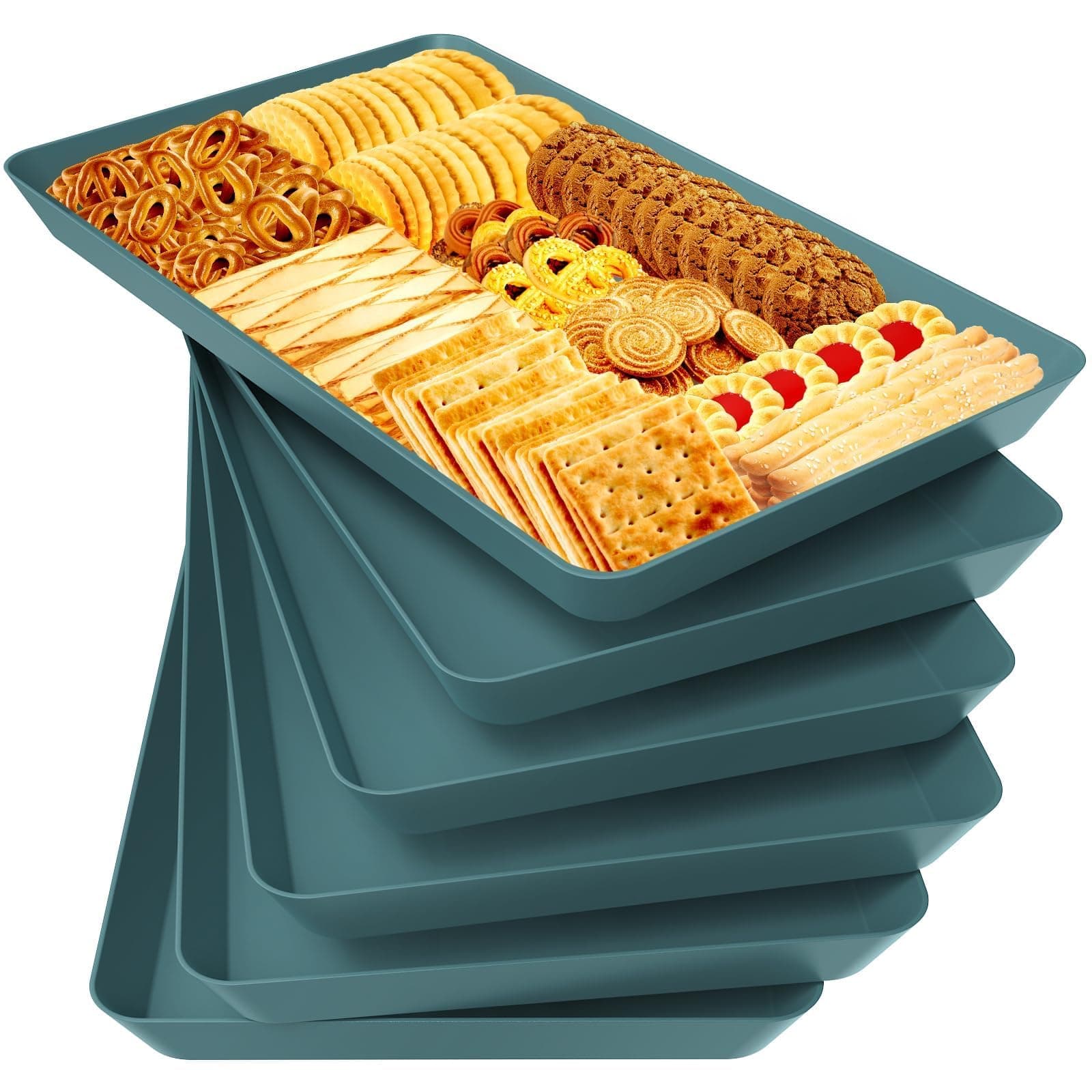 WOWBOX 6 pcs Serving Tray for Entertaining, Serving Platters for Snacks, Fruit, Cookies, Dessert, Reusable Plastic Trays for Serving Food and Pantry Organization in Kitchen & for Parties, (Green)