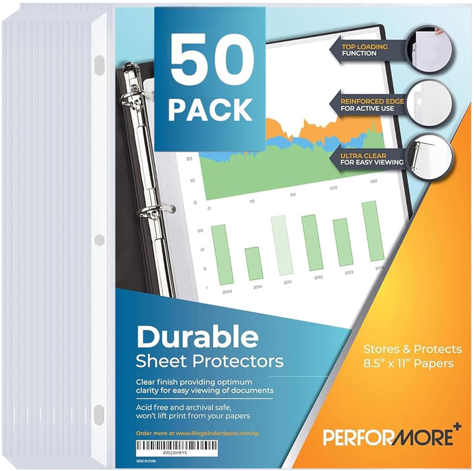 Performore 50-Pack Clear Sheet Protectors | 8.5 x 11 Inch Heavy Duty Plastic Sleeves | Top Loading Reinforced Hole Page Protectors | Archival Acid-Free Non-Glare for 3 Ring Binders Documents Photos