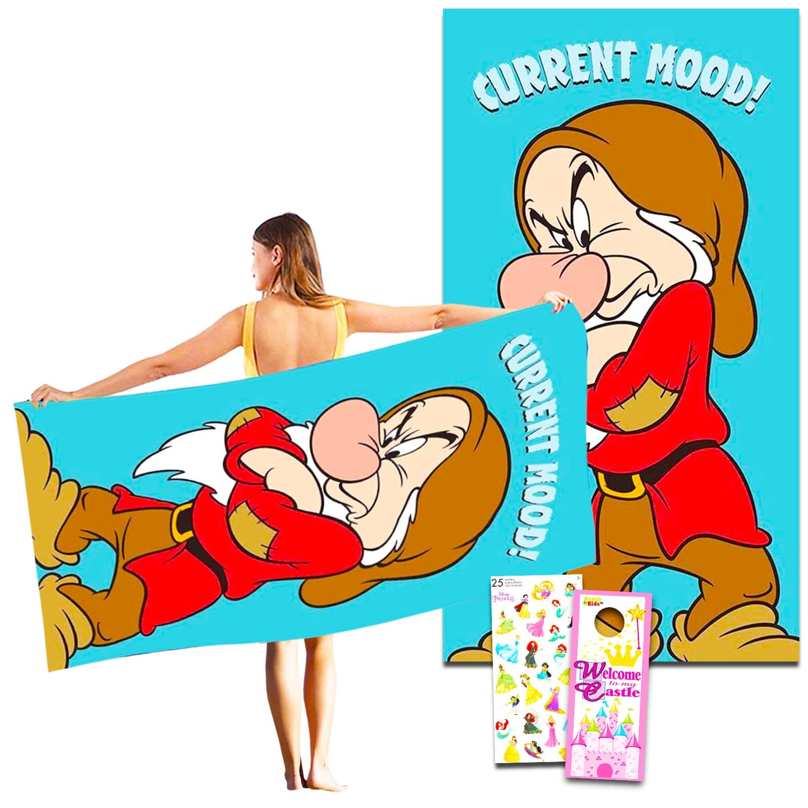 Snow White and The Seven Dwarfs Grumpy Beach Towel Set - Bundle with 40" x 72" Grumpy Beach Towel with Stickers and More | Disney Snow White Beach Accessories