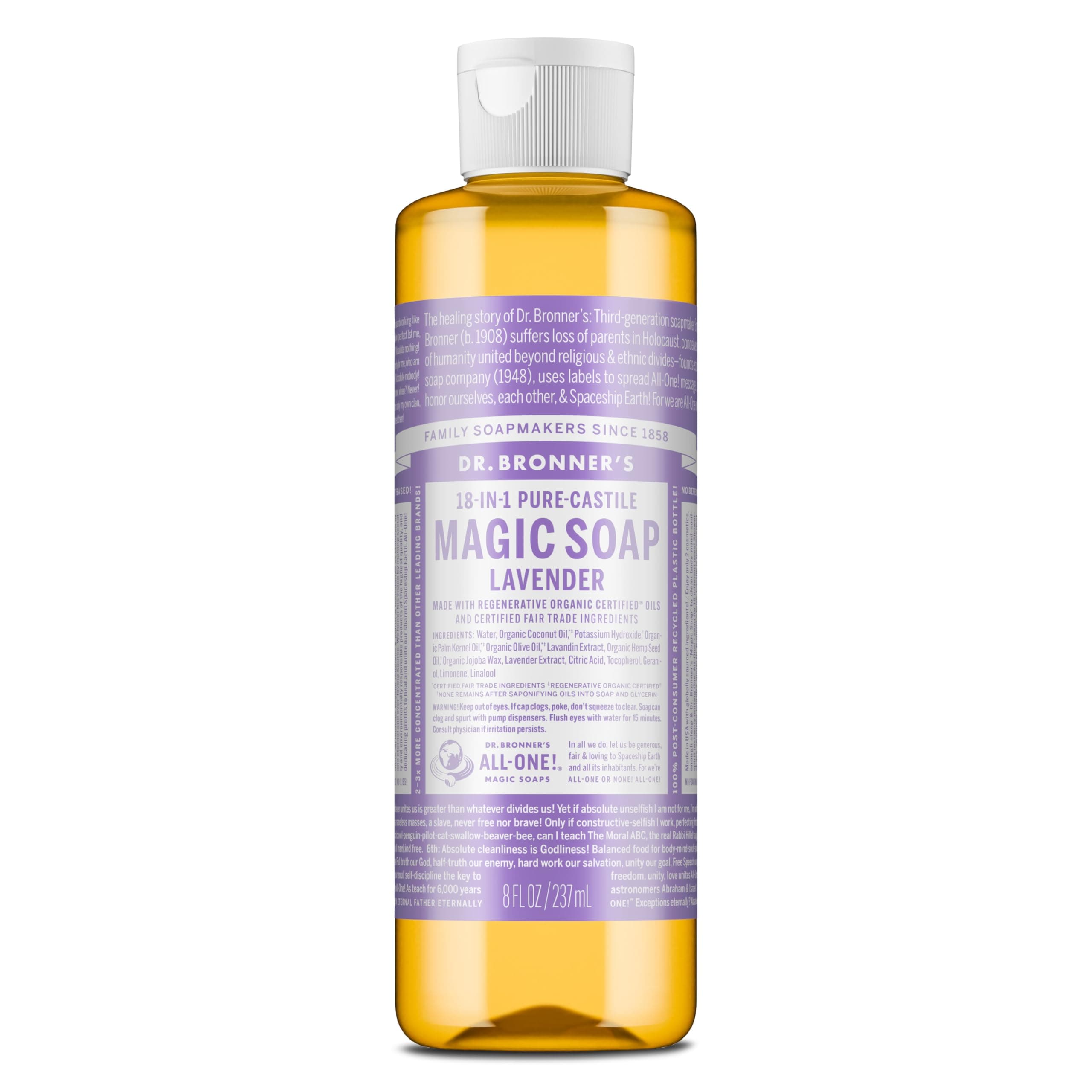Dr. Bronner's Magic Soap-Pure-Castile Liquid Soap (Lavender, 8 ounce)-Regenerative Organic Certified Oils, 18-in-1 Uses: Body, Hair, Laundry, Pets & Dishes, Concentrated, Vegan, Non-GMO