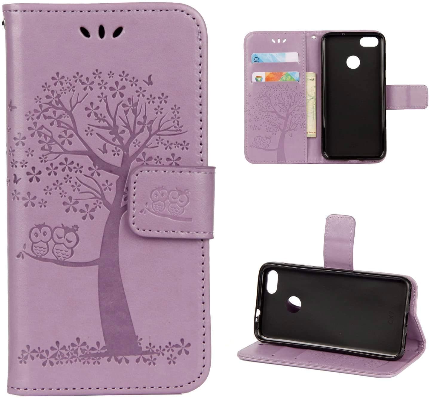 iVOYI Case for Honor 9 Lite Phone Case Shockproof PU Leather Flip Wallet Owl Cover for Honor 9 Lite with Kickstand Card Holder, Light Purple