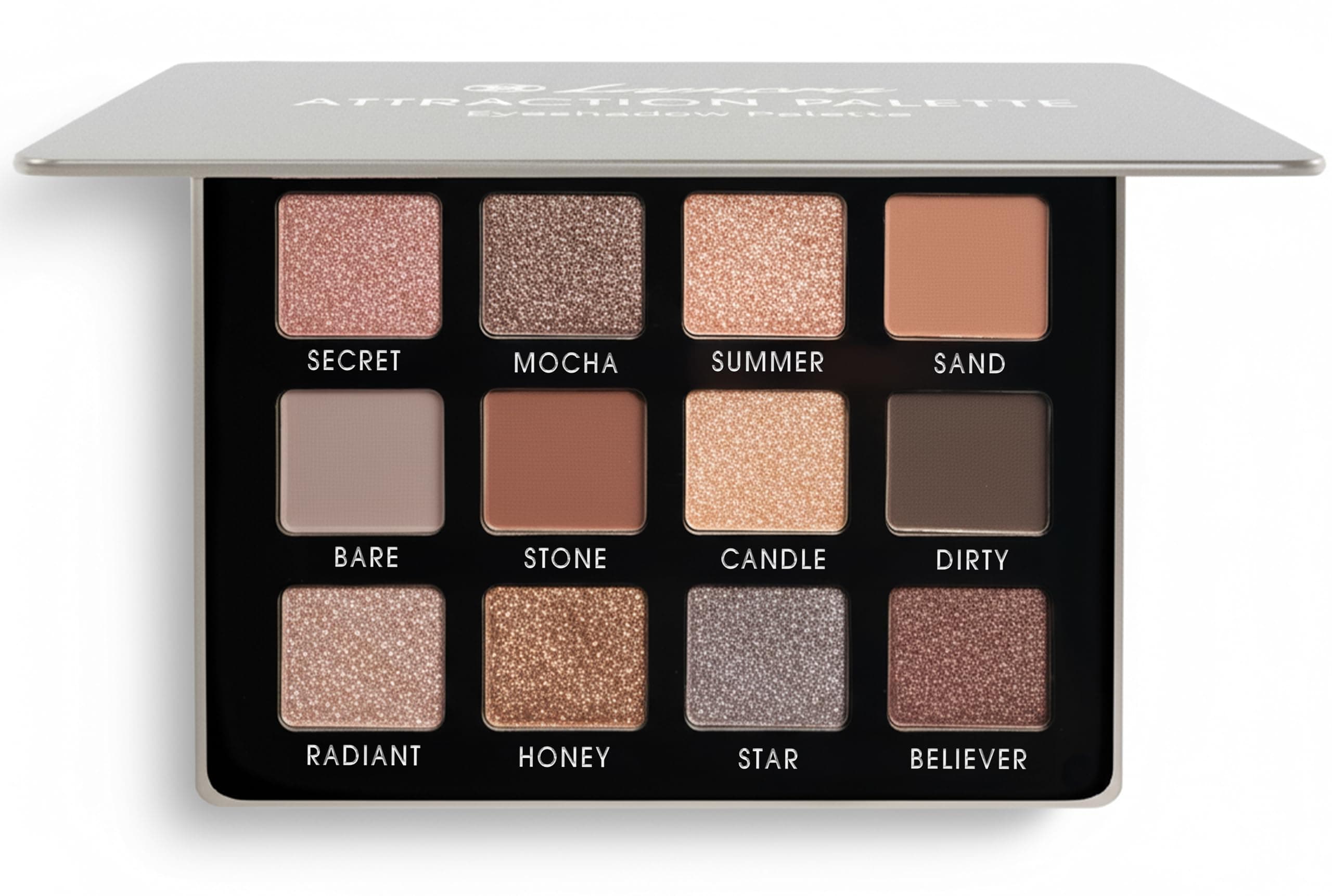 Lamora Attraction Eyeshadow Palette - 12 Soft Brown Shadows, Multi-Use Eye Makeup Palette with Matte & Shimmer Finishes, Ultra-Blendable Everyday Neutrals, Long-lasting Wear, Travel Makeup with Mirror