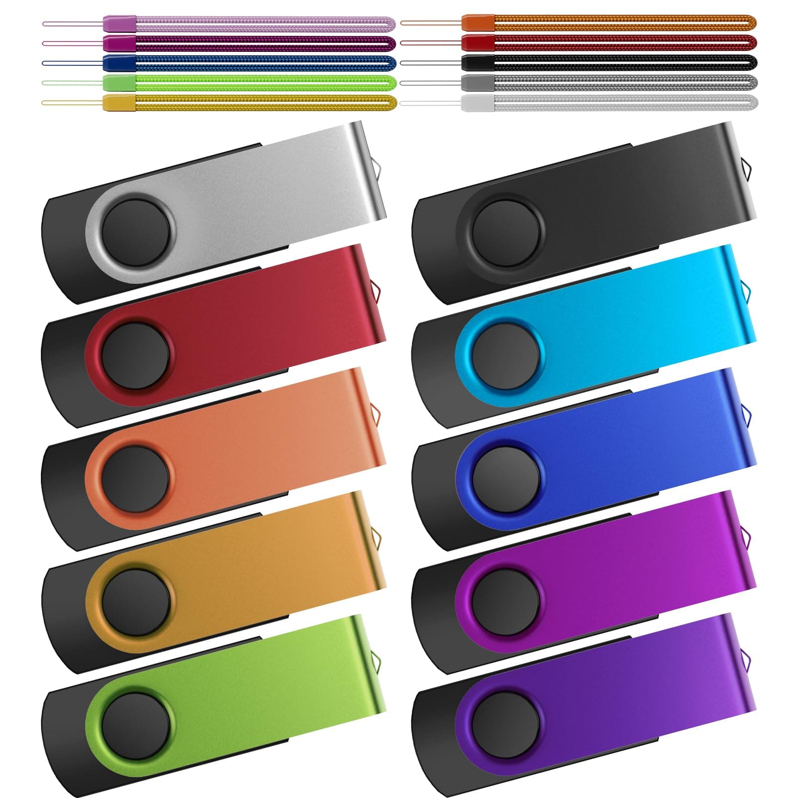 8GB Flash Drive 10 Pack Thumb Drives Bulk, Multipack Zip Drive 8 GB USB Memory Sticks Metal Swivel Pen Drive, Portable Jump Drive Value Multicoloured Pendrives with 10pcs Ropes
