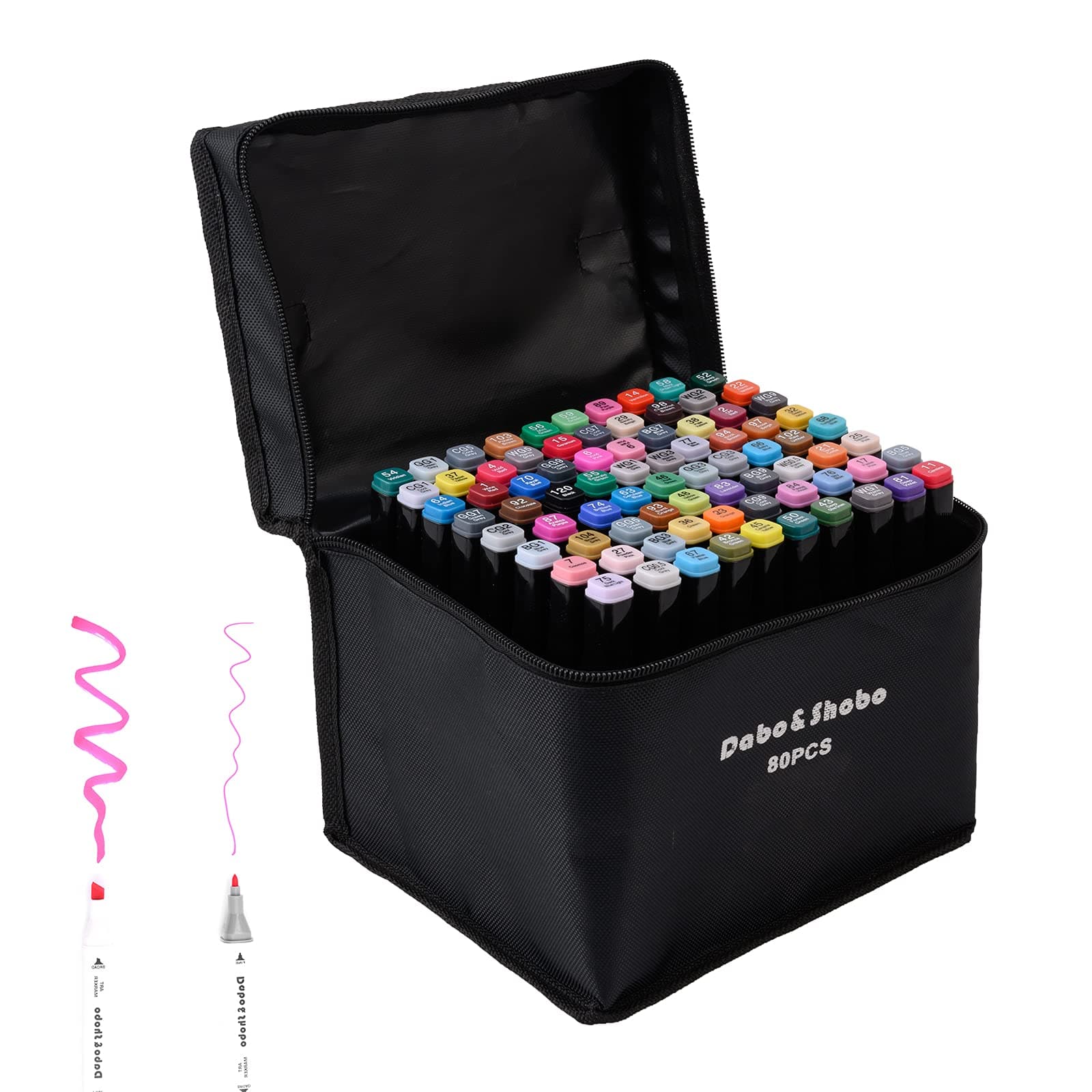 Dabo&Shobo 80 Color Alcohol Marker Pens, Bright Permanent Markers For Coloring, Markers For Adults Coloring Book, Wide Chisel and Fine Tip, Dual Tip Design, Equipped with Black Suitcase