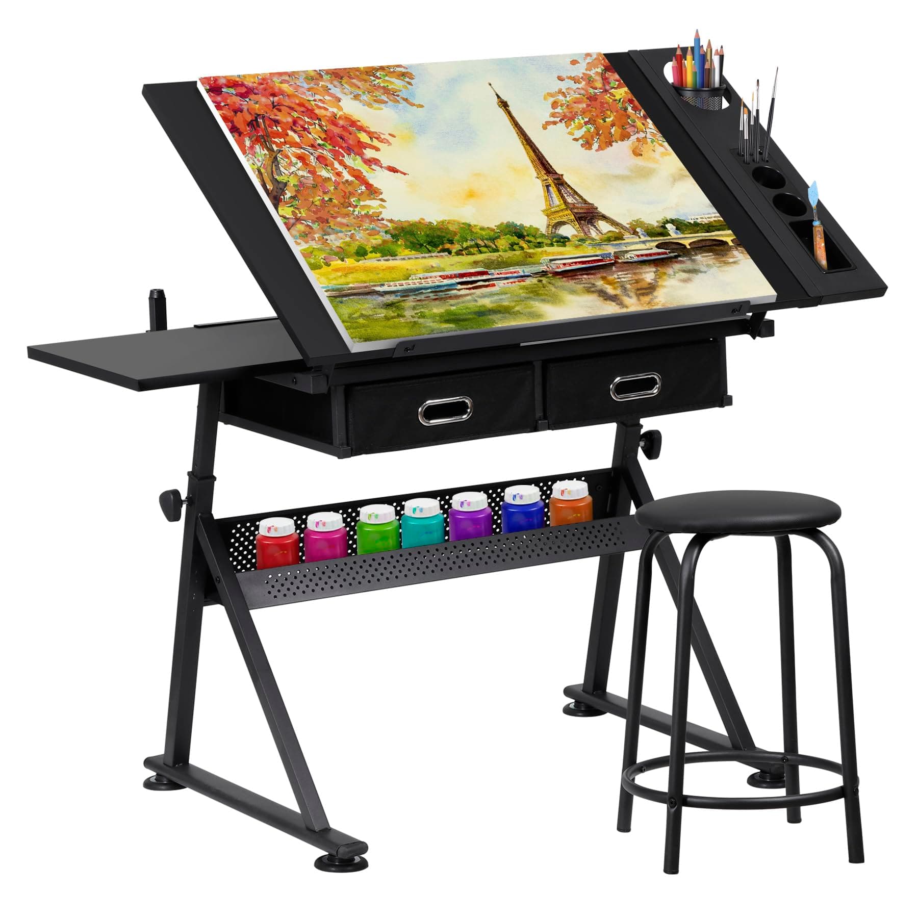 Drafting Table Drawing Desk Art&Craft Work Station Height Adjustable Tilting Tabletop Craft Table Desk w/Stool and 2 Storage Drawers for Home Office Study Room, Black