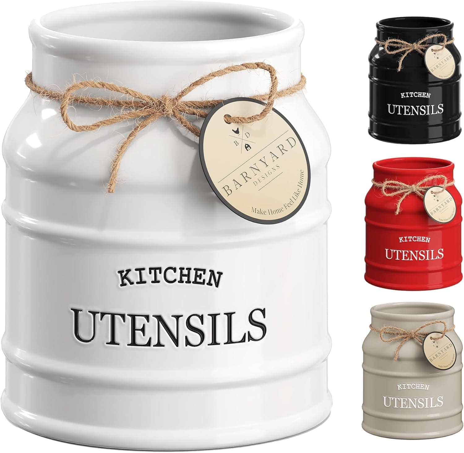 Barnyard Designs Ceramic Utensil Crock Holder for Kitchen Counter, Rustic Farmhouse Countertop Decor, French Country Organizer for Cooking Utensils, White, 15 x 17cm