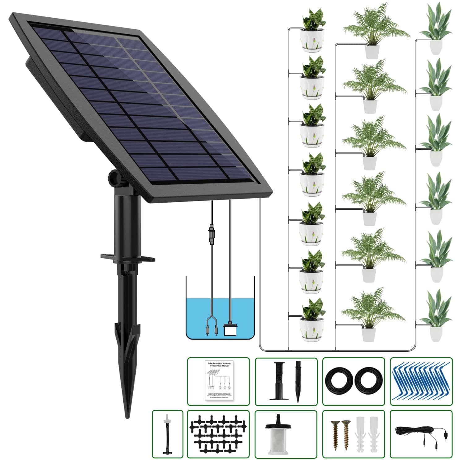 Solar Automatic Drip Irrigation Kit System, JIYANG Solar Powered Auto Easy DIY Watering Device Supported Pots Plants, 12 Timing Modes with Anti-Siphoning Device (Supported 20-30 Pots, 12Timing Modes)