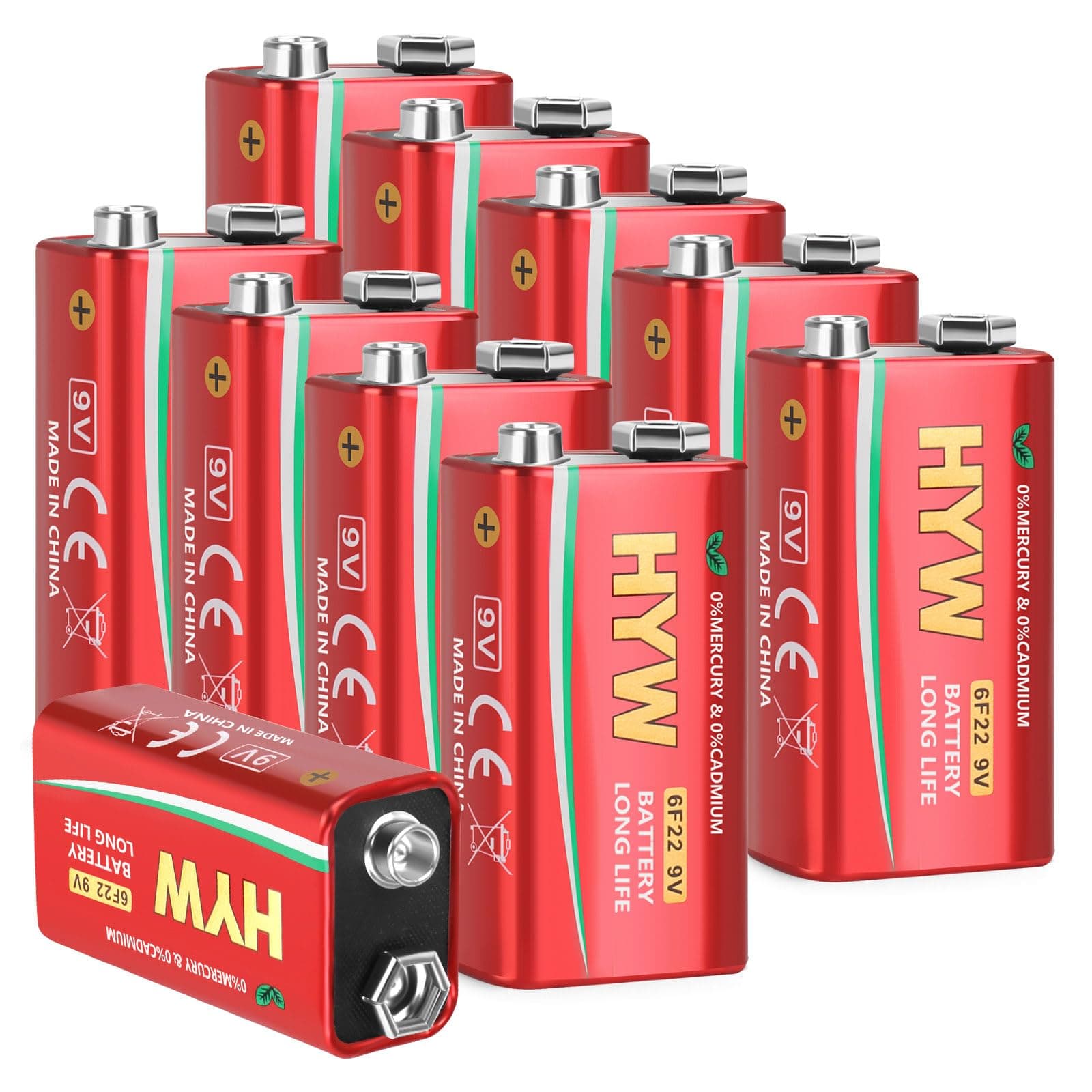 10 Pack 9 Volt Alkaline Battery, Long-Lasting 9V Battery for Smoke Detector, 10-Year Shelf Life,