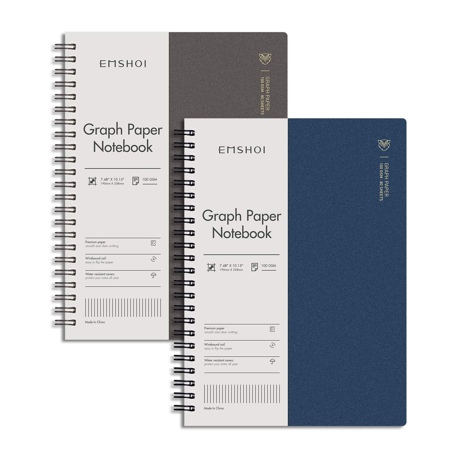 EMSHOI Graph Notebook Spiral 2 Pack, 320 Pages B5 Graph Paper Journal, with Free Sticky Notes, Waterproof Hardcover, 100GSM Thick Paper, 7.48" x 10.15"-Coffee Blue