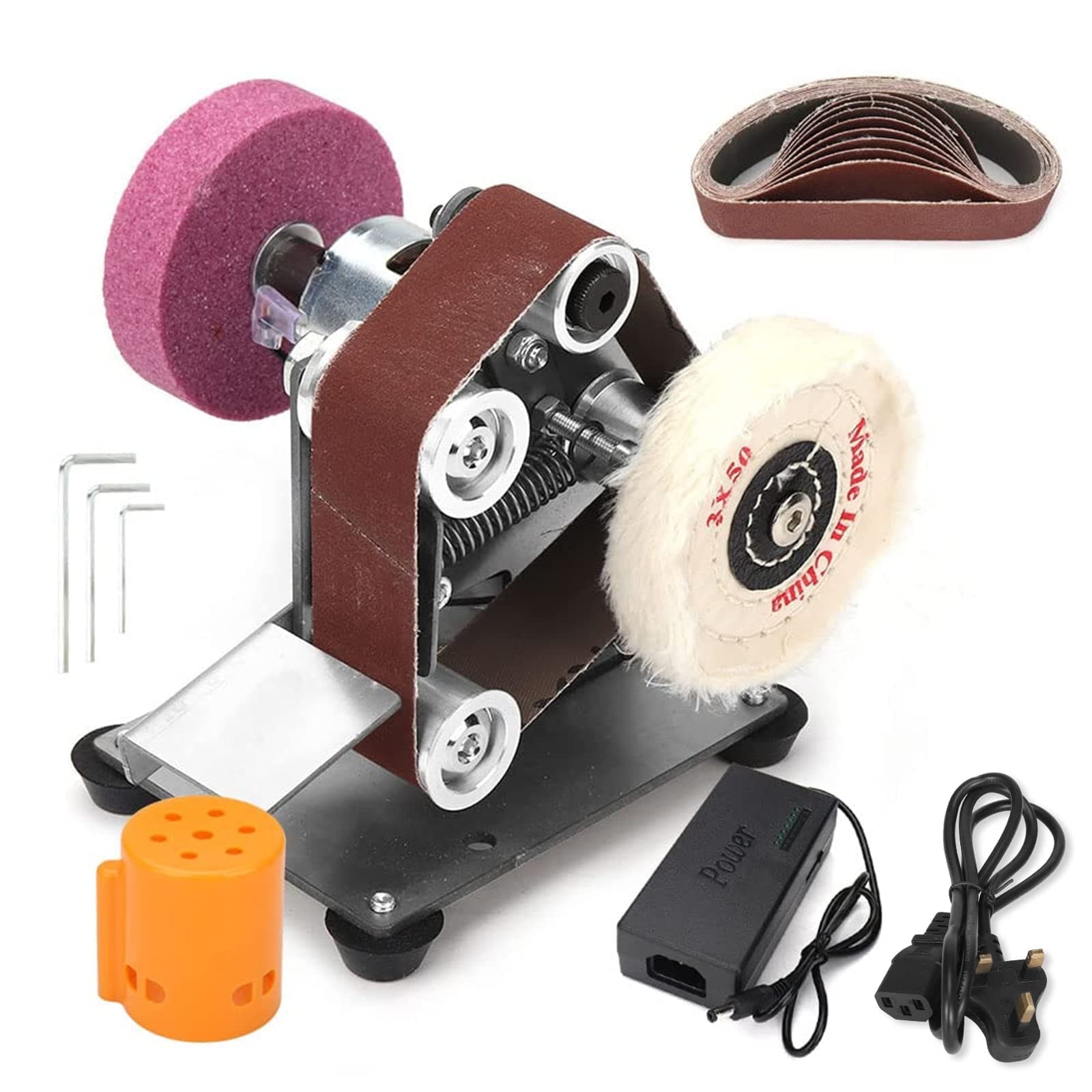 BaiNuo Electric Belt Sanding Machine, Mini Belt Grinder 7 Adjustable Speed Power Sanders with 10pc 330mm*30mm Sanding Belts 2pc Grinding Wheel Polishing Wheel(UK 3 pin Plug Upgrade) 2