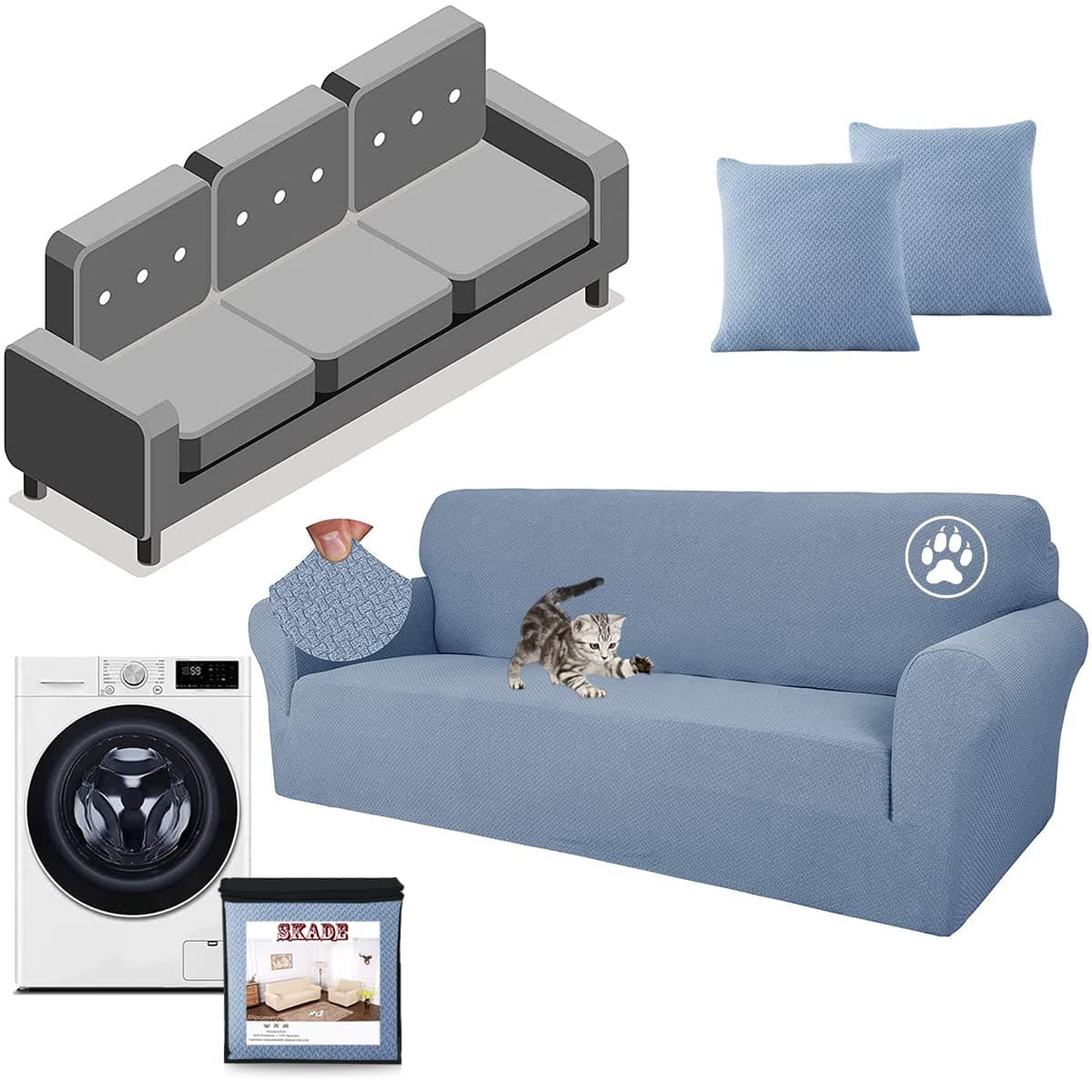 SkadeCreative Jacquard Couch Sofa Covers with 2 pillowcase, Super Stretch Non Slip Sofa Cover for Dogs Pet Elastic Furniture Protector Sofa Slipcovers With Elastic Bottom (3 Seater,Light Blue)