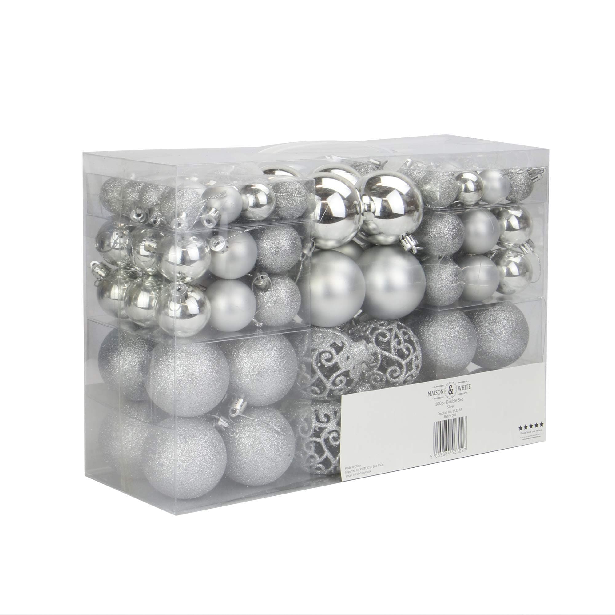 100pc Bauble Pack | Christmas Tree Decorations | Plastic Tree Trimmings | Hangers Included | Shatterproof Baubles | Multipack Design | Pukkr (Silver)