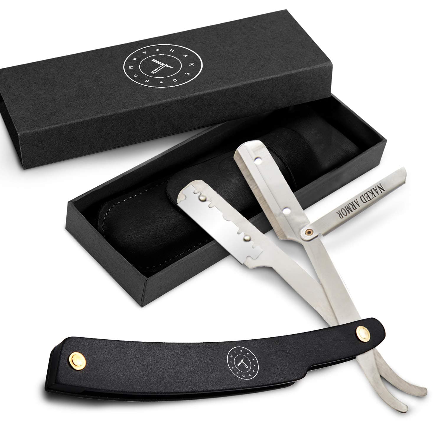 Best Shavette Straight Razor - Replaceable Blade Razor, Great For Beginners, Hygenic & Easy Care. No Stropping or Honing. Power Steel Handle. Close Shave Every Time. Leather Case, Starter Blade