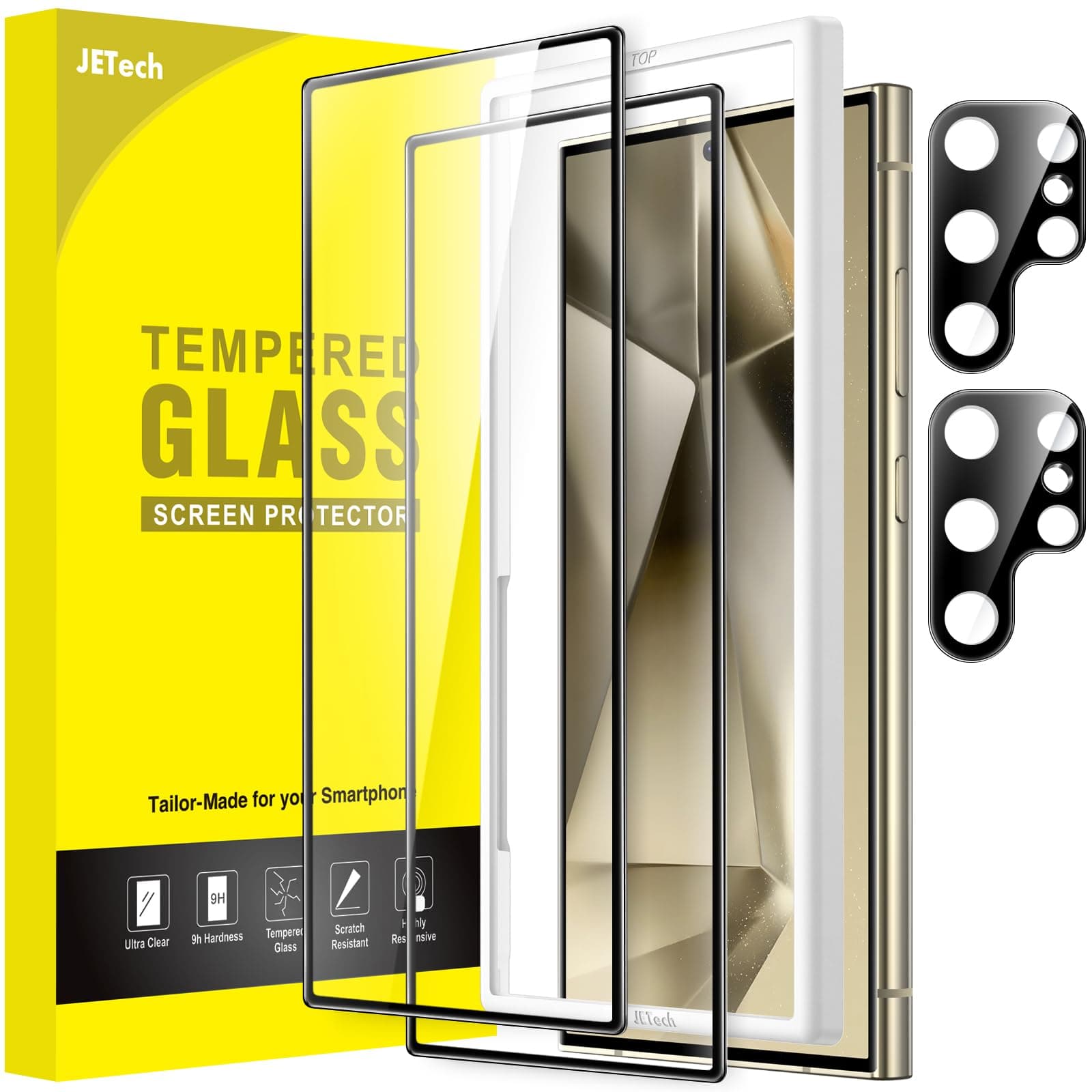 JETech Screen Protector for Samsung Galaxy S24 Ultra 5G 6.8-Inch with Camera Lens Protector, Tempered Glass Film, Easy Installation Tool, Fingerprint ID Compatible, HD Clear, 2-Pack Each