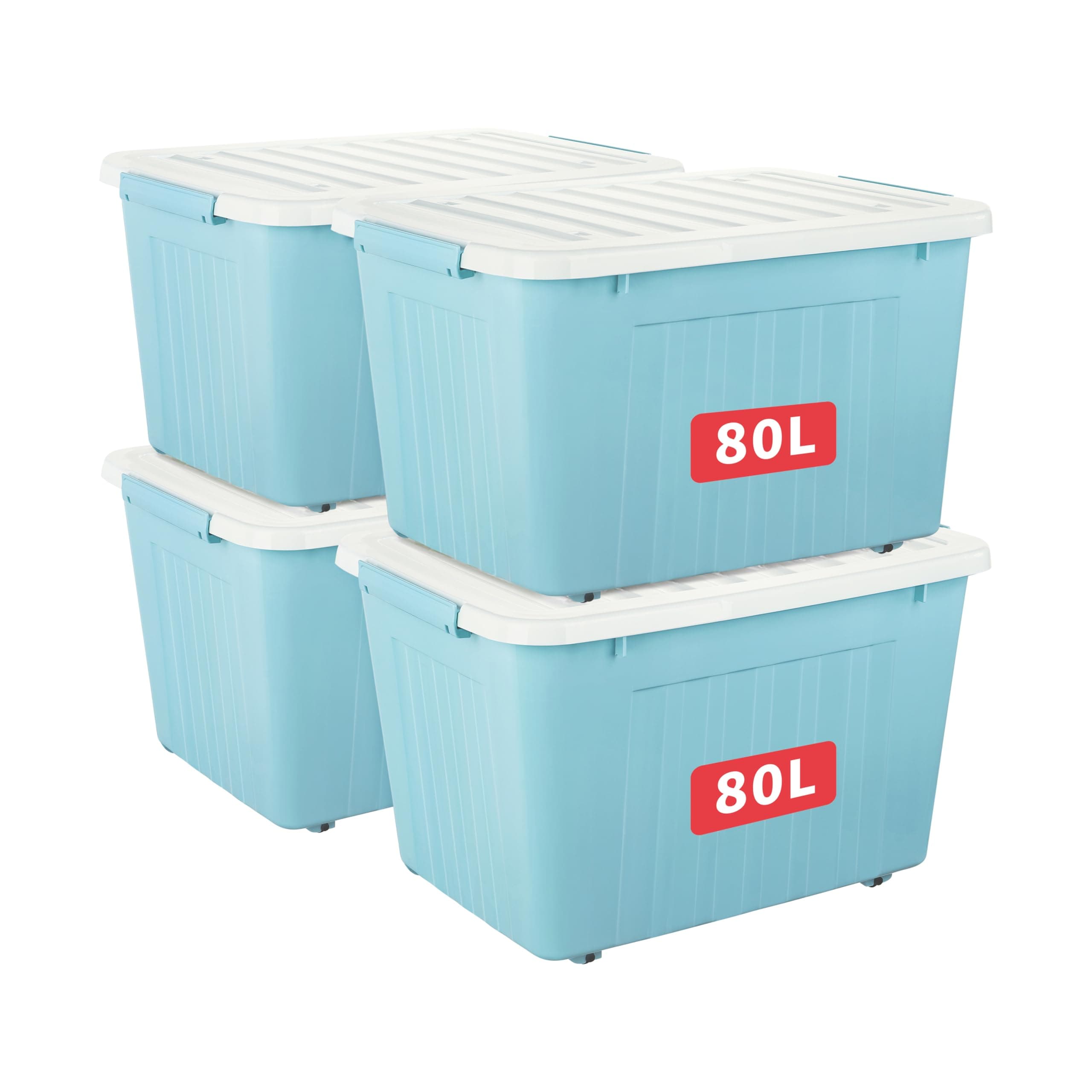 Cetomo 80L*4 Storage Boxes with Wheels, Plastic Storage Box with Lid, Latching Buckles, Click Closure, Stackable, Nesting, Durable Organizer for Home Office Clothes, Blue, 80L-4 Pack