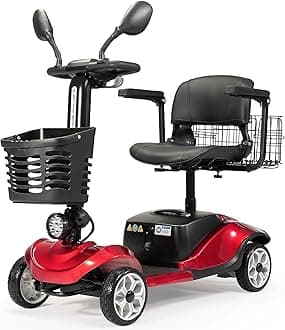 Compact 4 Wheel Mobility Scooter with Display, Foldable Electric Scooter for Seniors and Adults, Heavy Duty Travel Model with Lights, Basket, and Long-Lasting Extended (Red-with Rear Basket)