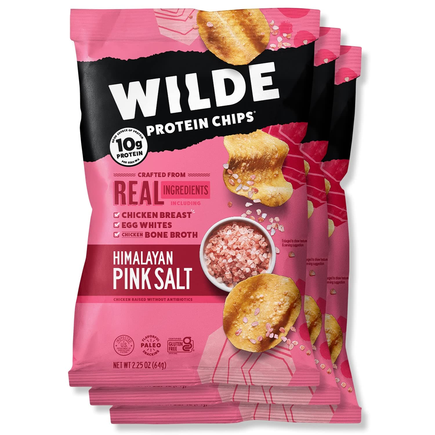 WILDE Himalayan Pink Salt Protein Chips, Thin and Crispy, High Protein, Keto Friendly, Made with Real Ingredients, 2.25oz Bags (Pack of 3)…