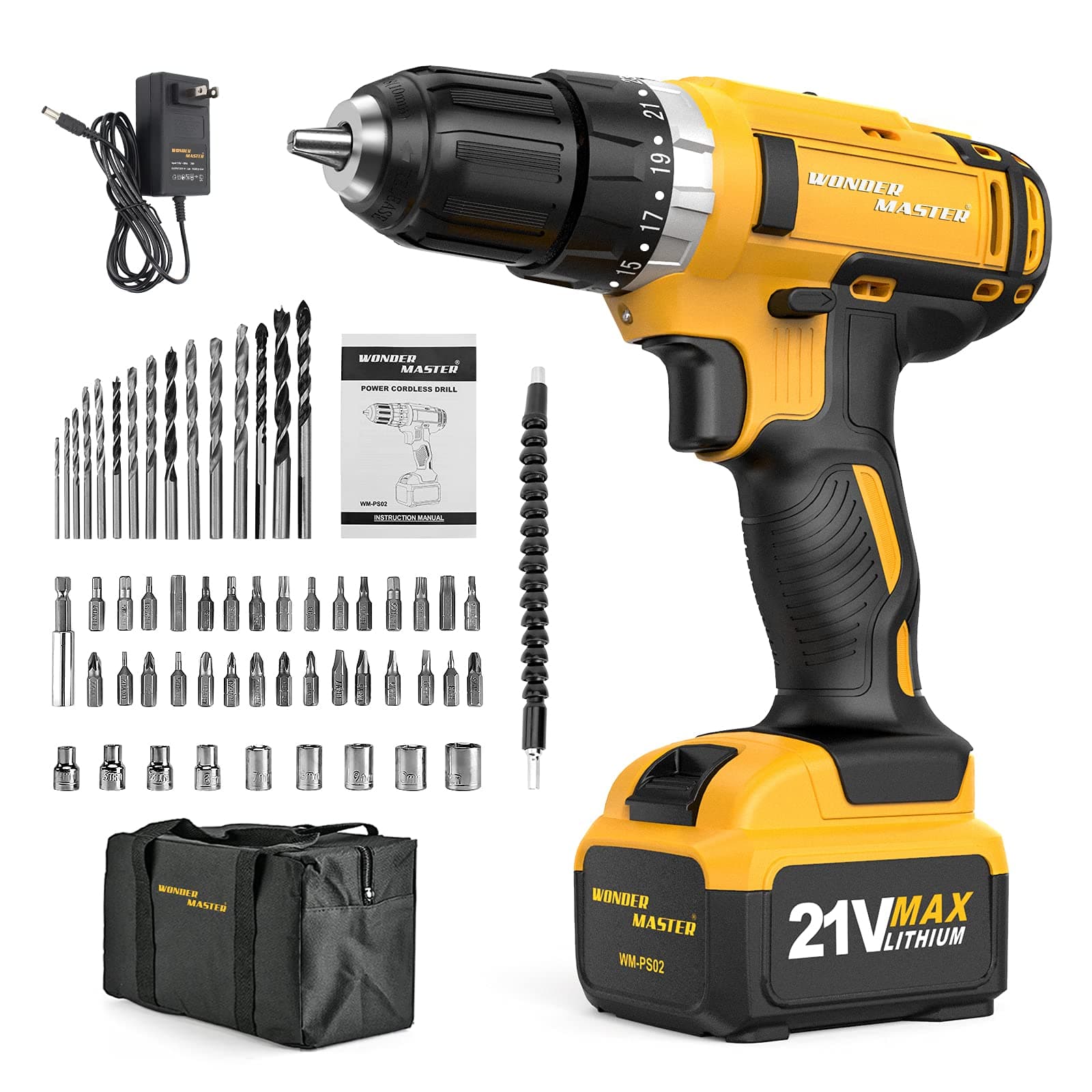 Cordless Drill Driver 21V Max Impact Drill, WONDER MASTER Professional Electric Drill Kit 29Nm Torque Variable Speed,Built-in LED & Reverse Control Power Drill with 56 Pcs Accessories