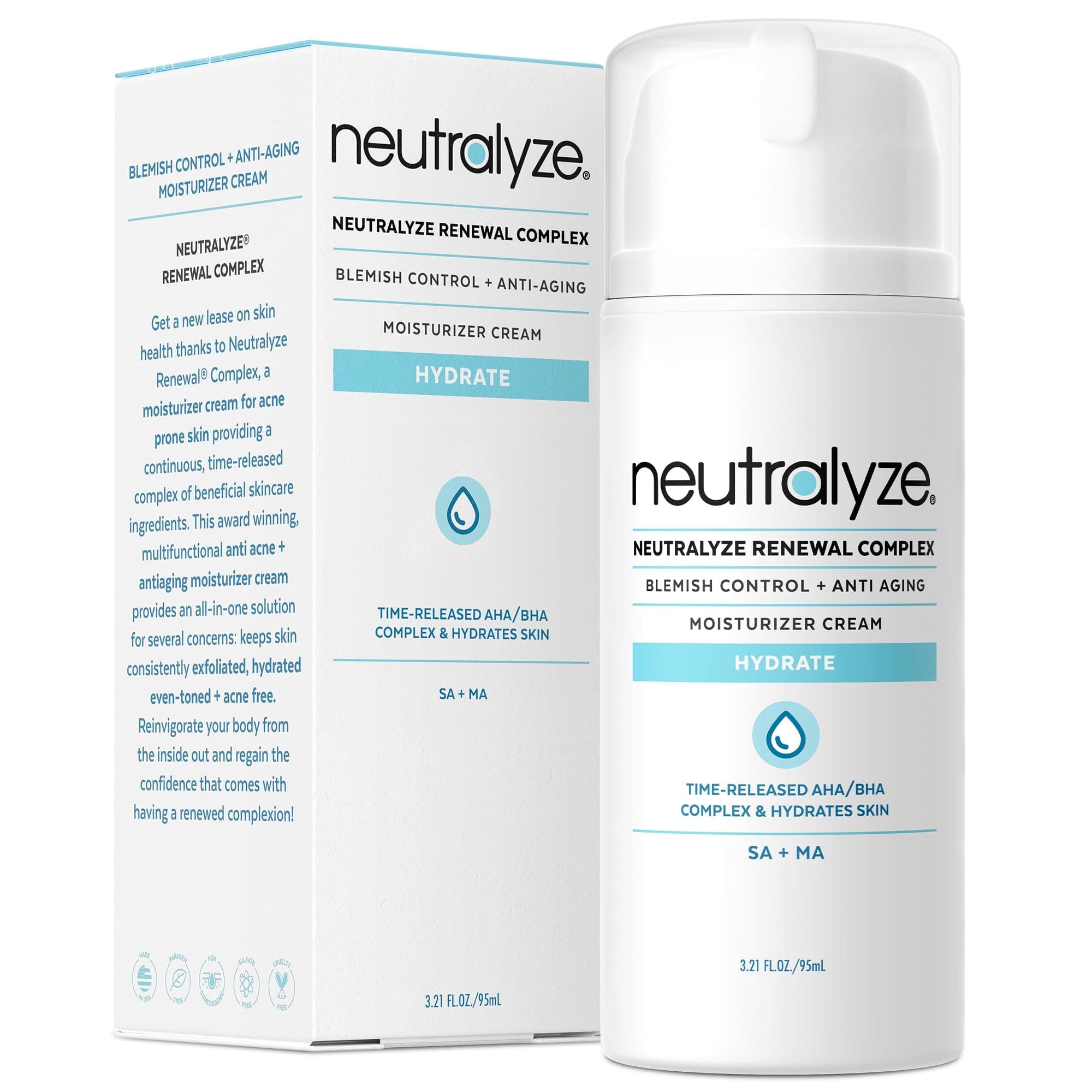 Neutralyze Renewal Complex Acne Moisturizer for Face - Maximum Strength, Time Released 2% Mandelic Acid & 2% Salicylic Acid Acne Treatment Cream - Suitable for All Skin Types, Teens & Adults