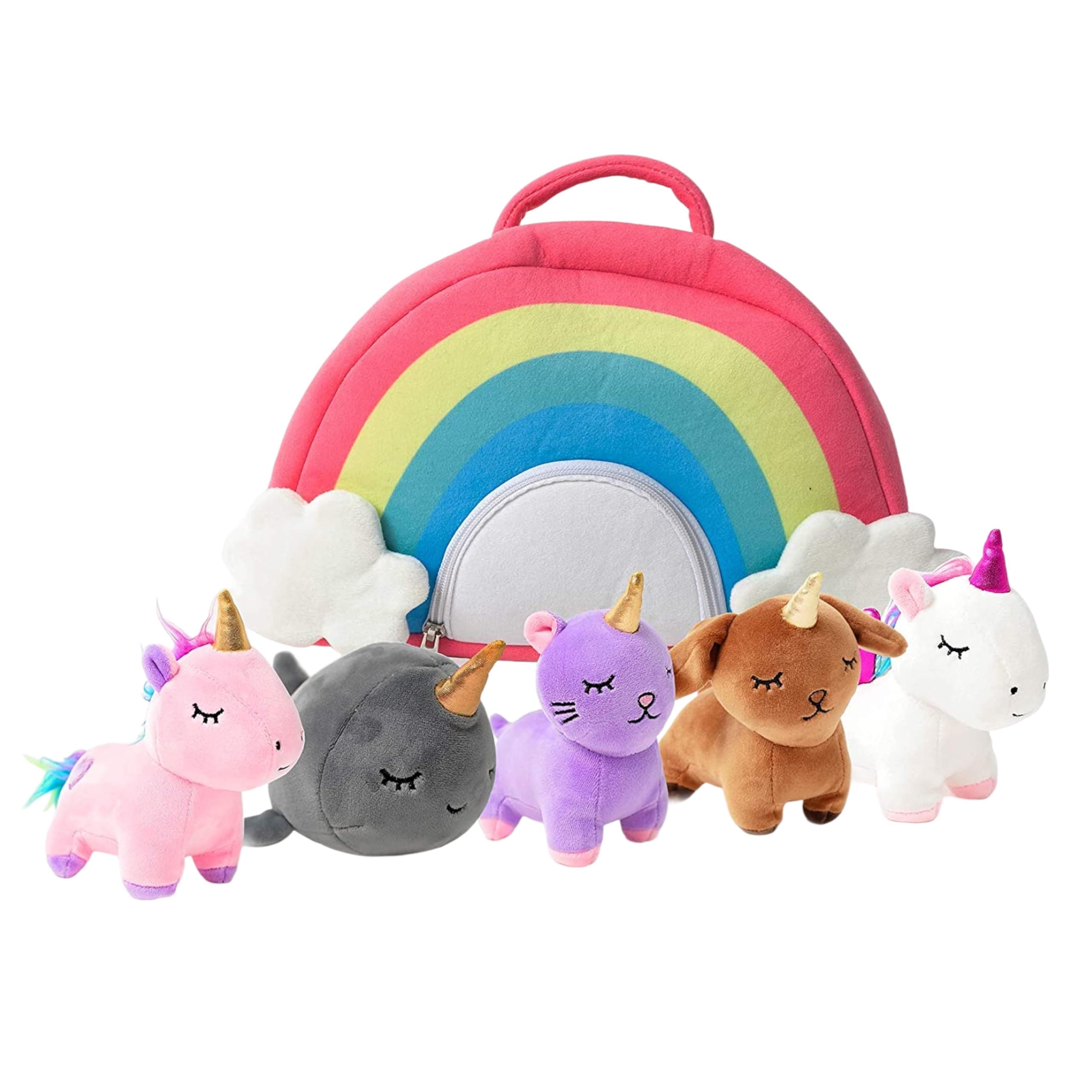 PixieCrush 5pc Unicorn-Themed Stuffed Animal Set with Rainbow Case - Includes Unicorns, Kitty, Puppy, Narwhal - Soft, Durable & Vibrantly Colored Toys, Perfect Toddler Gifts for Girls Ages 3-10
