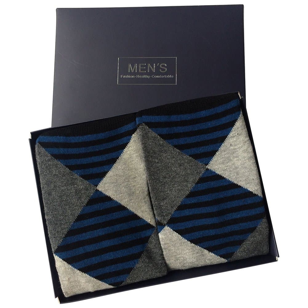 SUTTOS Unisex Custom Elite Comfortable Blue Black Striped Diamond Sharp Knee High Over The Calf Casual Boot Sock Black Deal Sale with Father's Day Gift Box