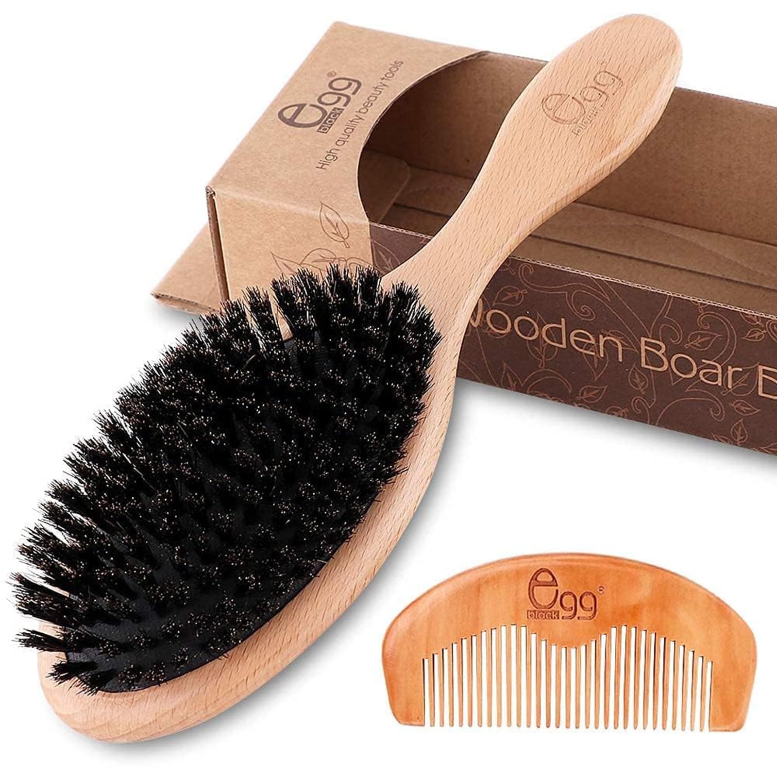 BLACK EGG Boar Bristle Hair Brush for Women Men Kid, Soft Natural Bristles Brush for Thin and Fine Hair, Restore Shine and Texture, Set includes Bamboo comb and 3 hair ties, Excellent Gift Idea