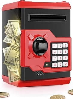 Piggy Bank for Girls Boys Large Electronic Money Coin Banks with Password Protection, Automatic Paper Money Scroll Saving Box, Great Gift for Kids (Black-Red)