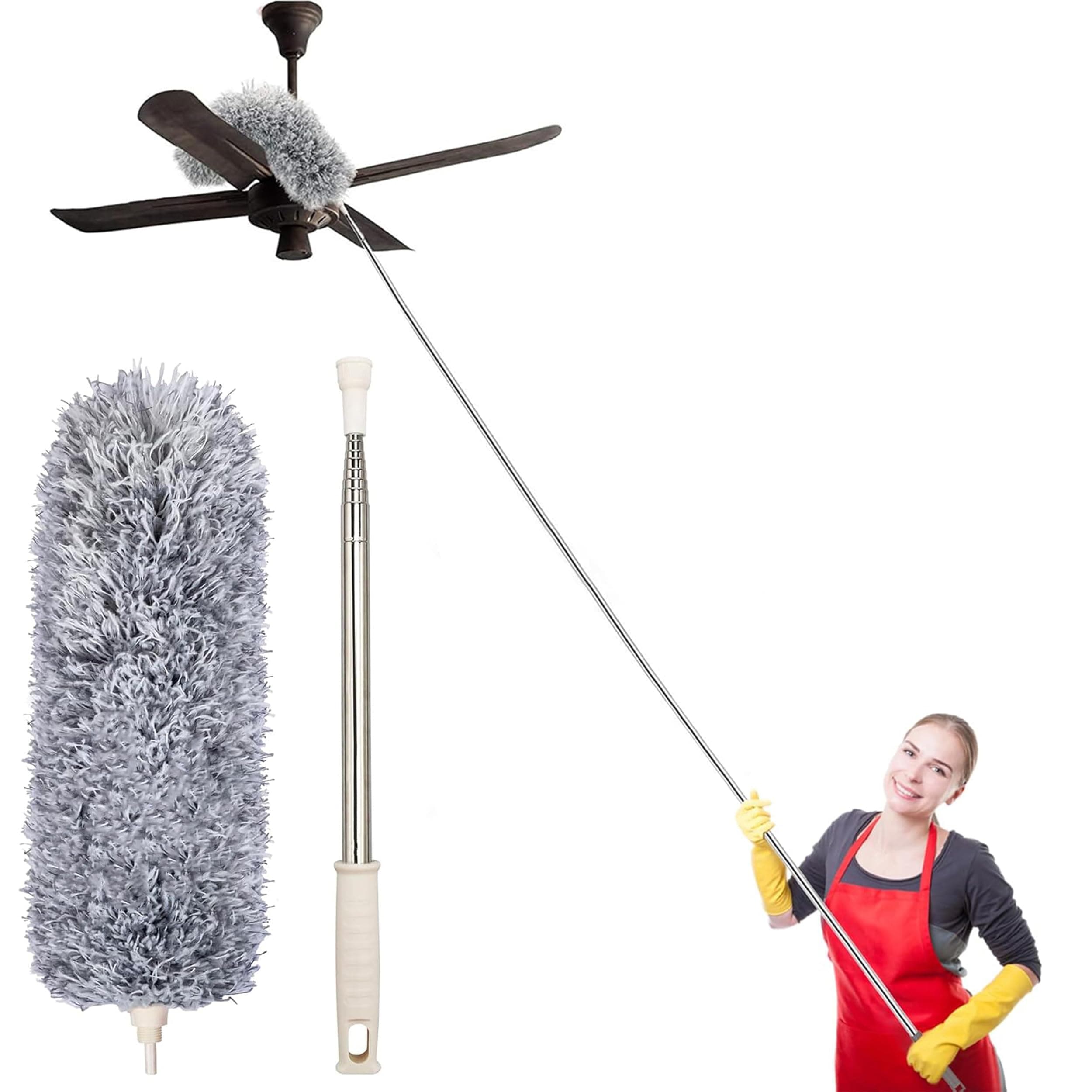 VOLTURI Fan Cleaning Mop with Long Rod, Microfiber Electrostatic Feather Fan Cleaner Ceiling Duster for Home Cleaning, Extendable Pole 100 Inch, Anti-Scratch Bendable Brush, High Roof Dust Cleaning