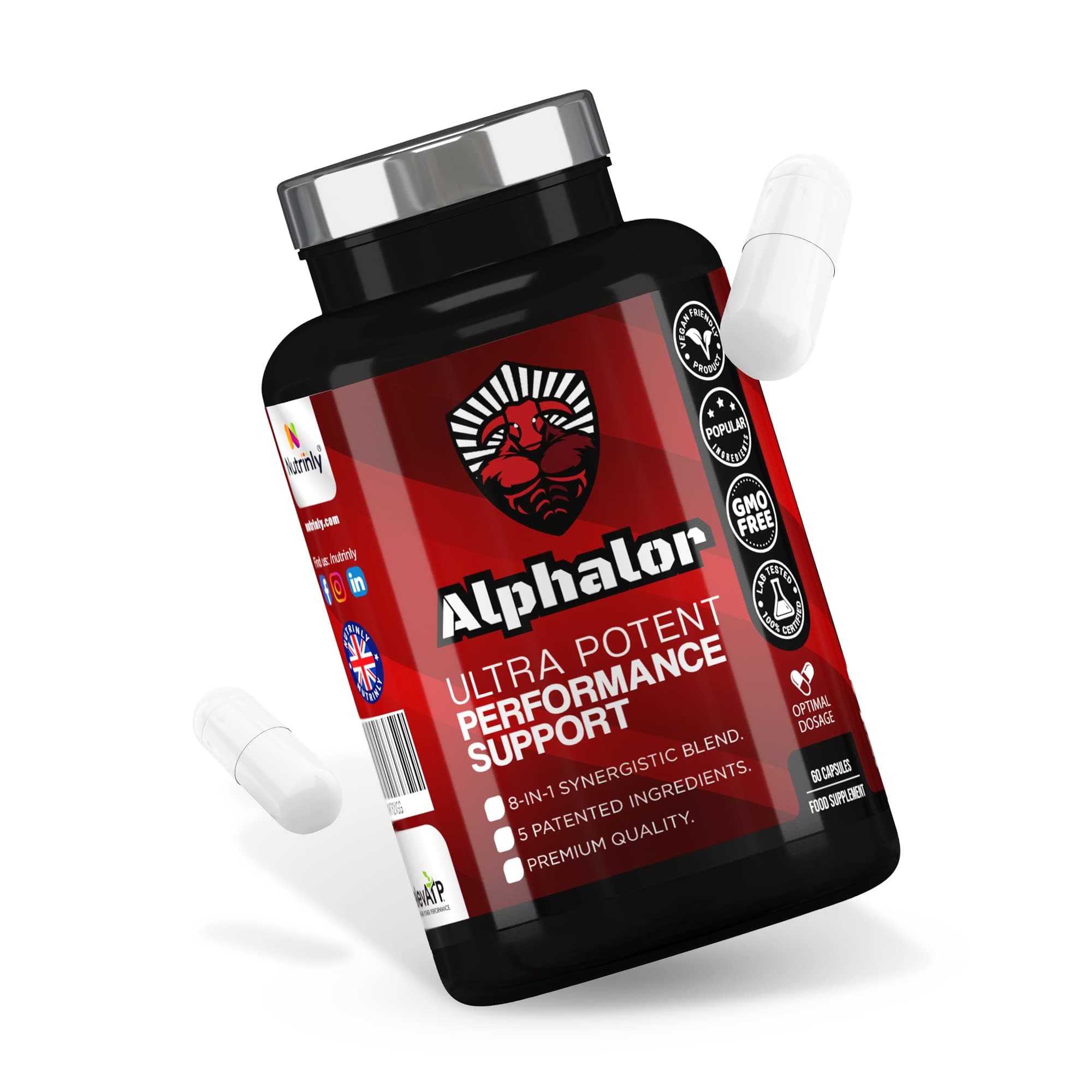 Nutrinly Alphalor Performance Support | Powerhouse Formula | High Strength Tribulus Terrestris Extract, Ashwagandha KSM-66, PrimaVie Shilajit, EuryGold, elevATP & More, 30 Servings - Made in The U.K