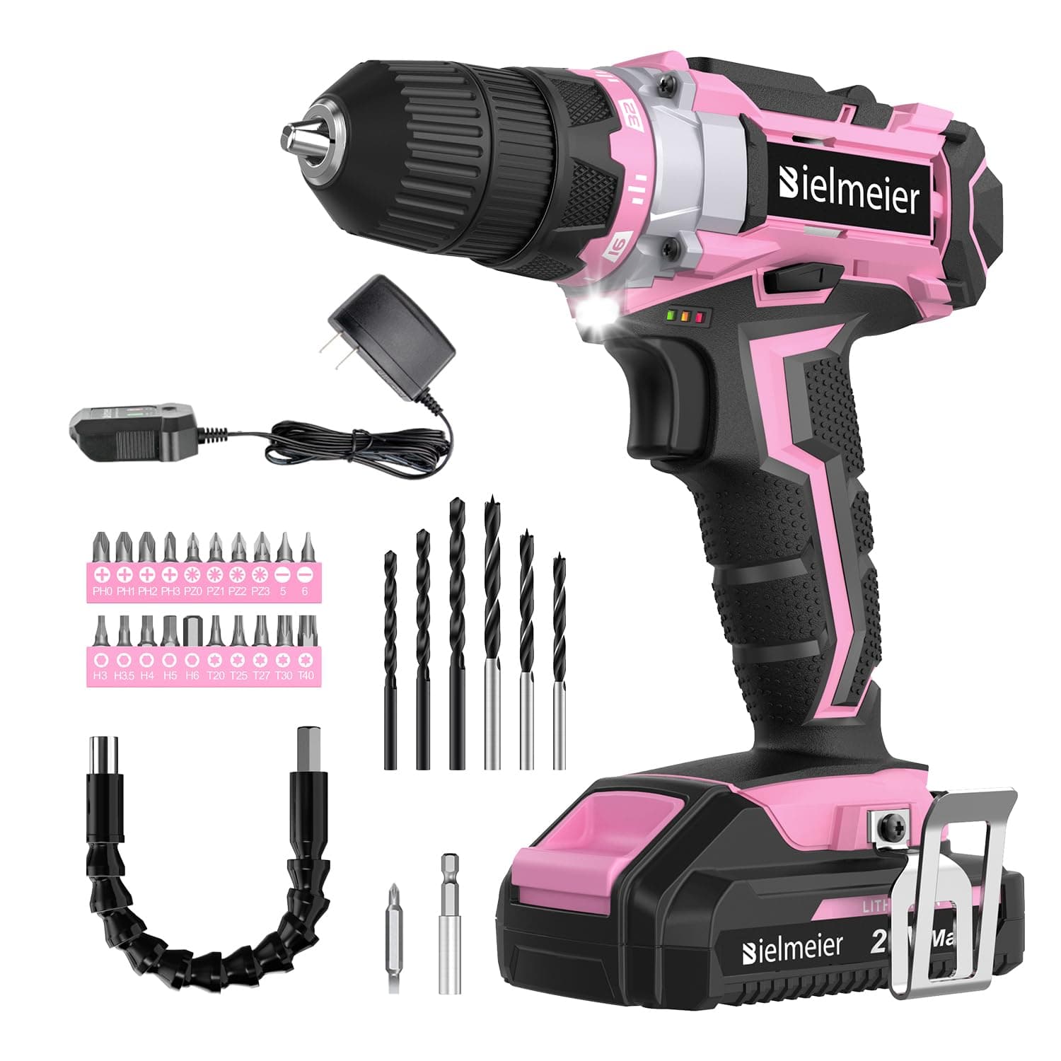 Bielmeier 20V MAX Cordless Electric Drill Set with LED Light - Electric Drill, Variable Speed,64+1 Position,3/8" Keyless Chuck,Flex Shaft, 28pcs Drill Bits,Battery & Charger Included(Pink)