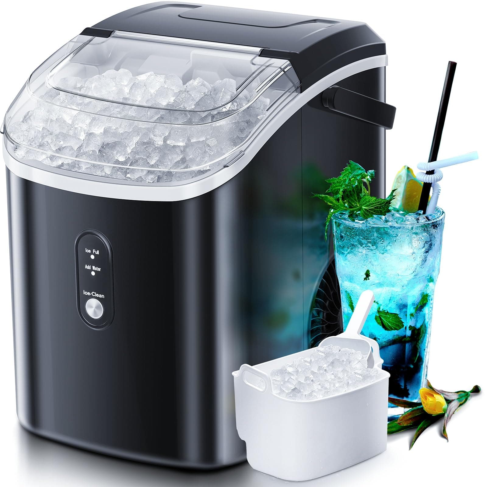 Nugget Countertop Ice Maker with Soft Chewable Pellet Ice, Automatic 34Lbs/24H,Pebble Portable Ice Machine with Ice Scoop, Self-Cleaning, One-Click Operation, for Kitchen,Office, Bar(Highlight Black)