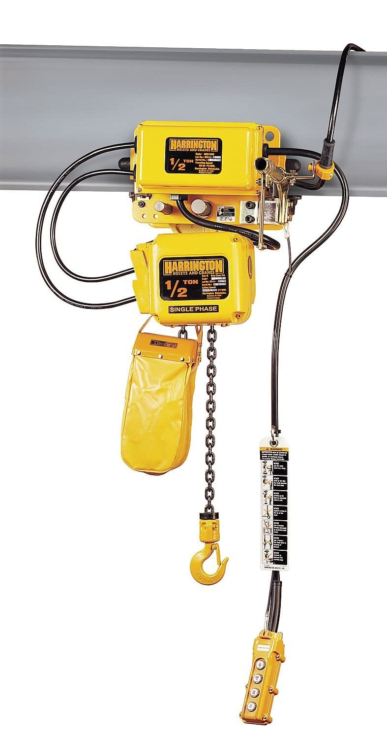 Harrington SNERM030C-L-20 Series SNER Single Phase Electrical Hook Mount Chain Hoist with Motorized Trolley, Single Common Speed, 40 fpm Low Traversing Speed, 3 Tons Capacity, 20' Lift